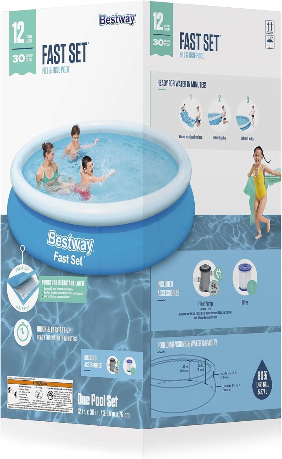 Bestway Fast Set Up Outdoor Round Inflatable Above Ground Swimming Pool Set with 330 GPH Filter Pump