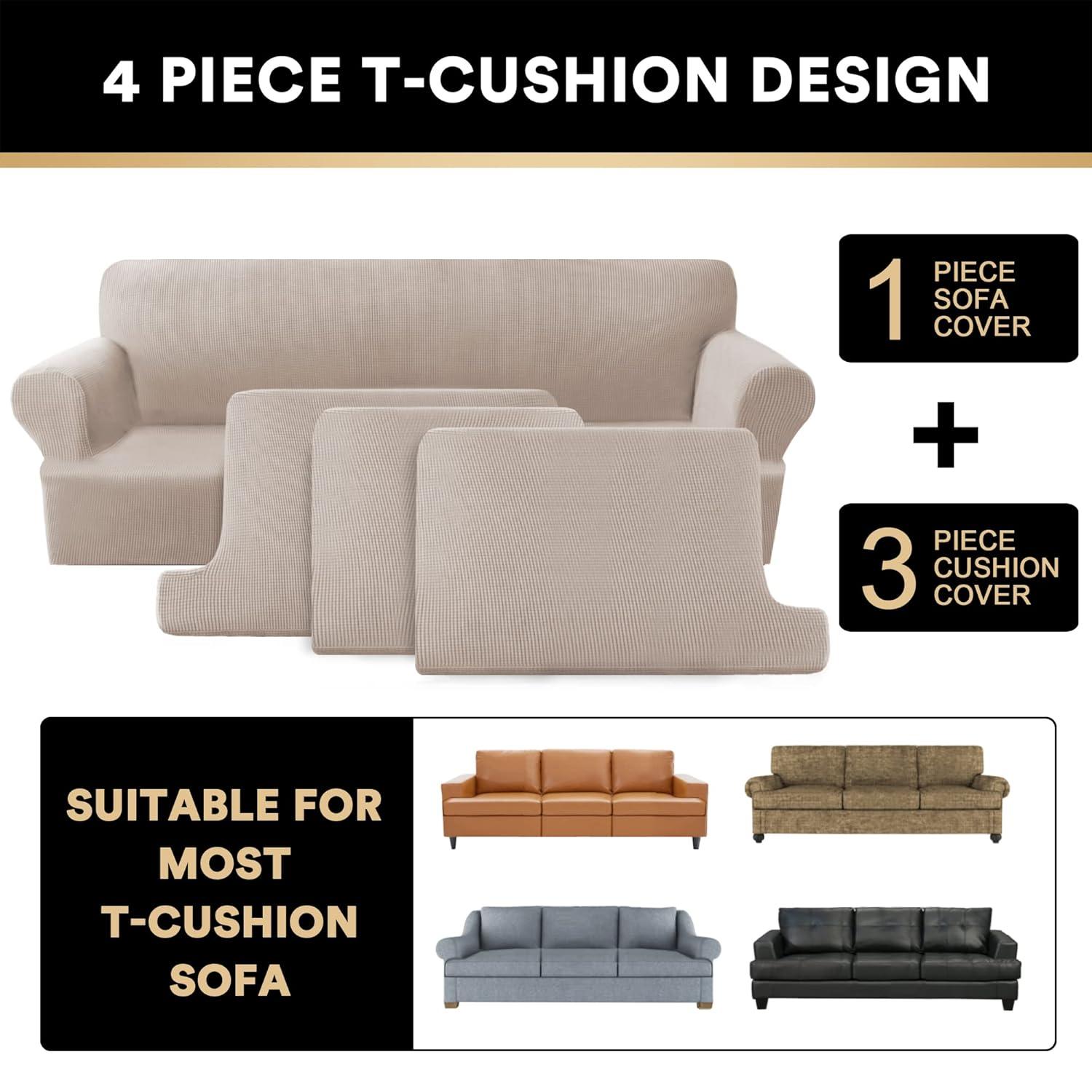 PrinceDeco T Cushion Sofa Slipcover 4 Pieces Sofa Covers for T Cushion Couch Soft Sofa Slip Covers Furniture Protector with 3 Individual T Shape Seat Covers Width Up to 90 Inch, Sand