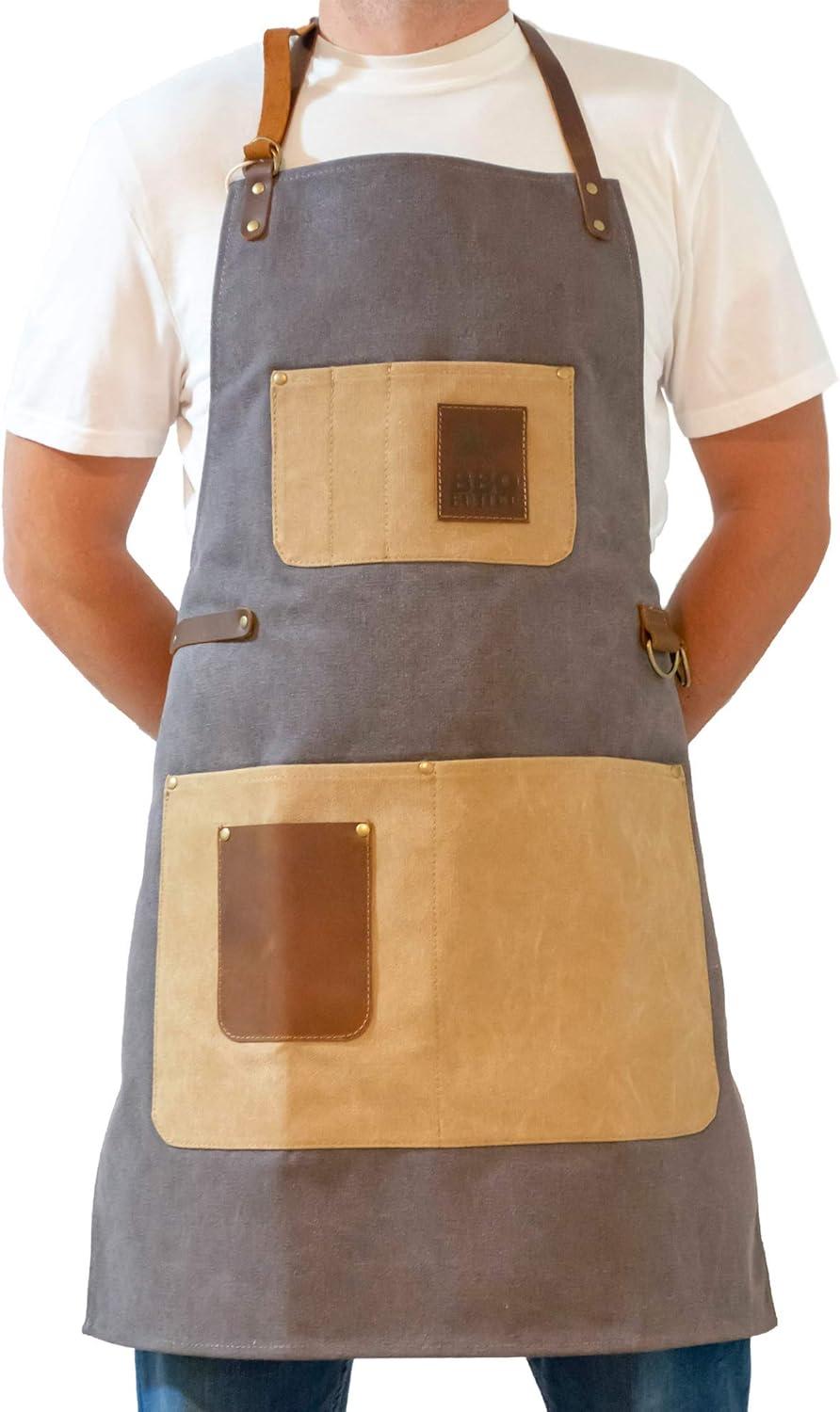 BBQ Butler Grilling Apron - Premium Canvas Apron - Deluxe Leather