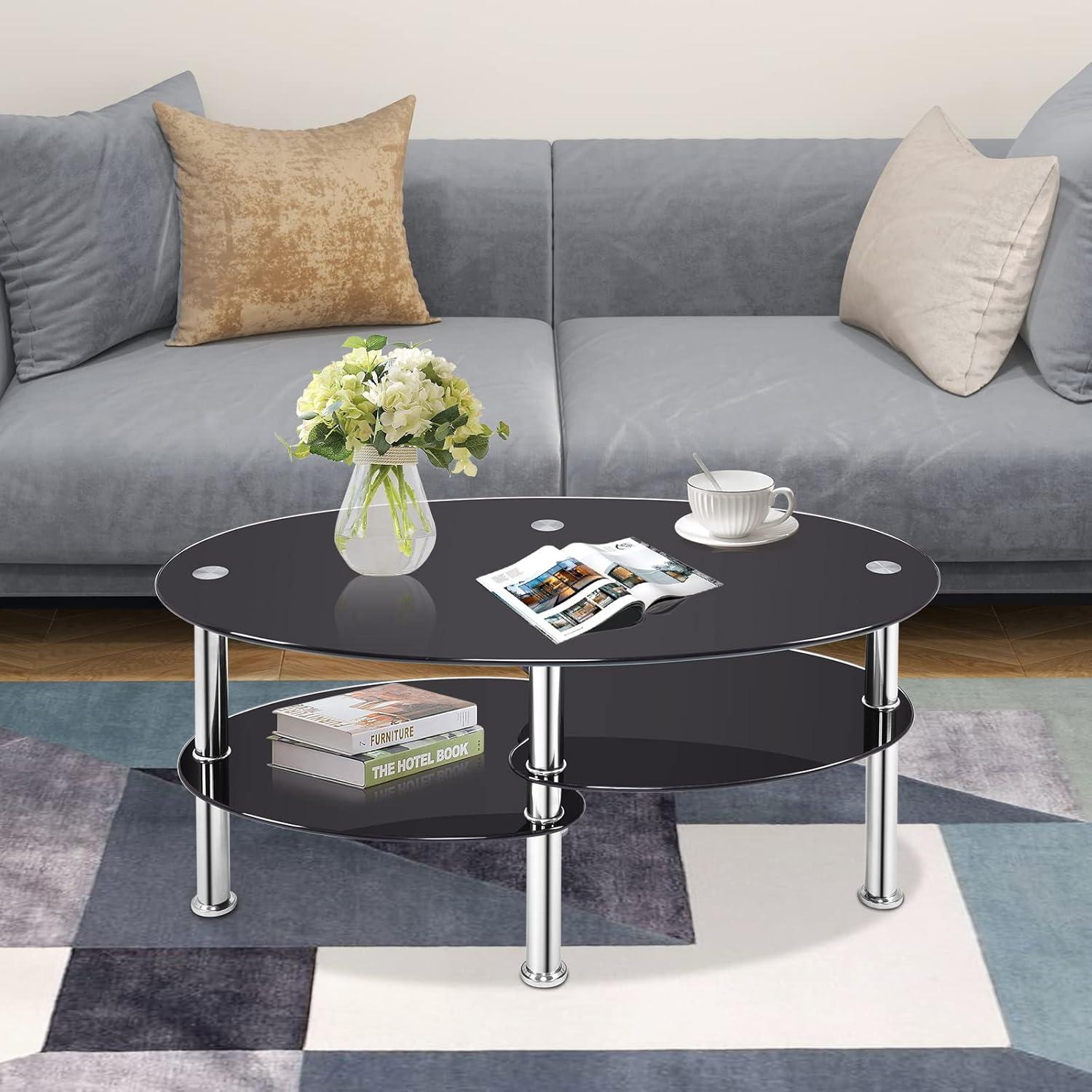 Costway Tempered Glass Oval Side Coffee Table Shelf Chrome Base Living Room Black