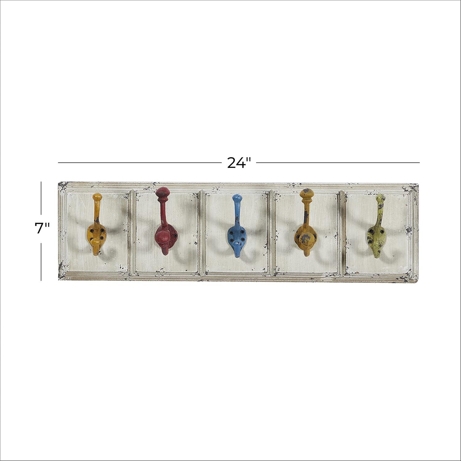 DecMode 24" x 7" White Wood 5 Hangers Wall Hook with Multi Colored Hooks, 1-Piece