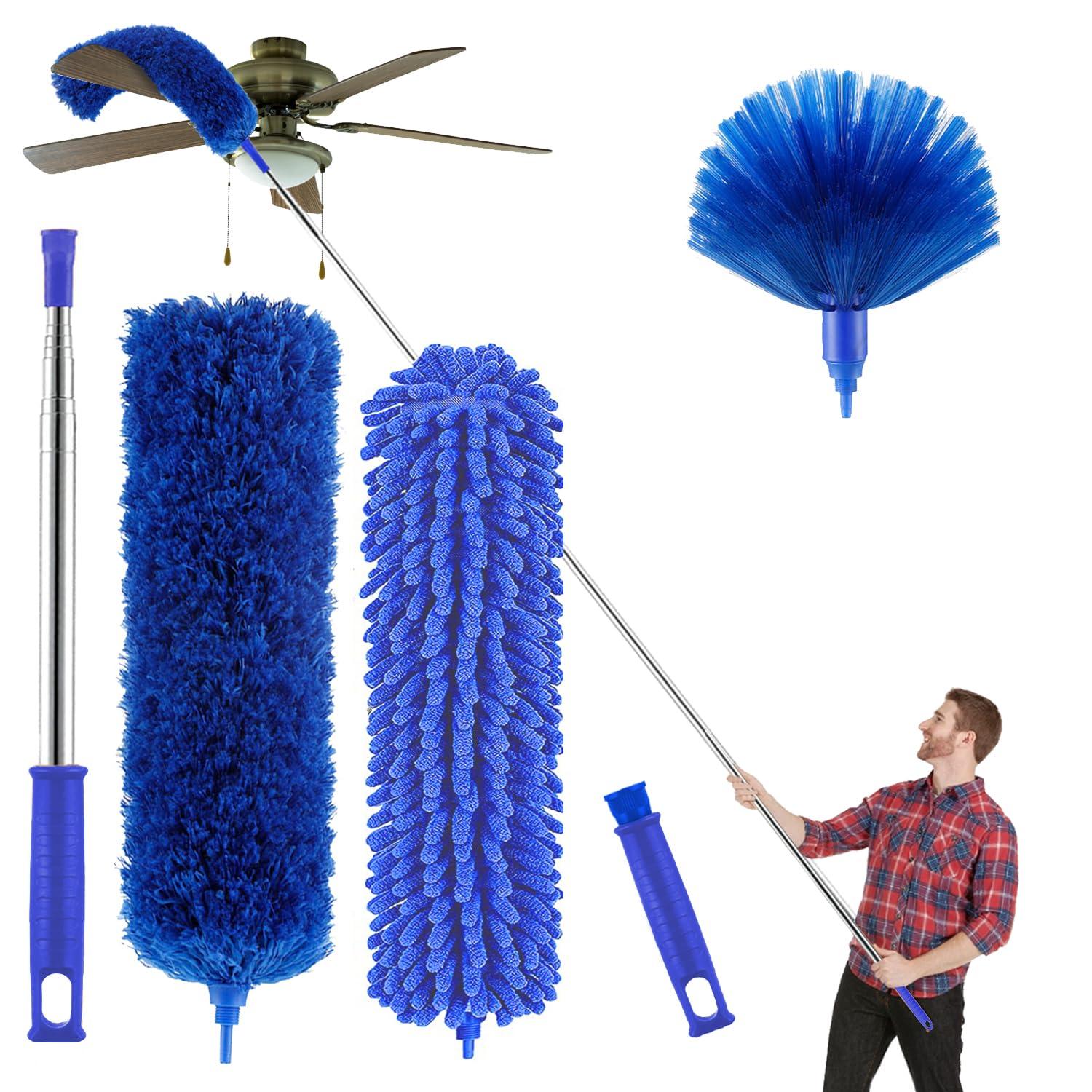 Microfibre Duster with 100" Telescopic Extension Pole Kit for High Ceilings, Cleaning Fan Cobweb, Reusable and Washable Lightweight for Ceiling Fan Webs, Blinds