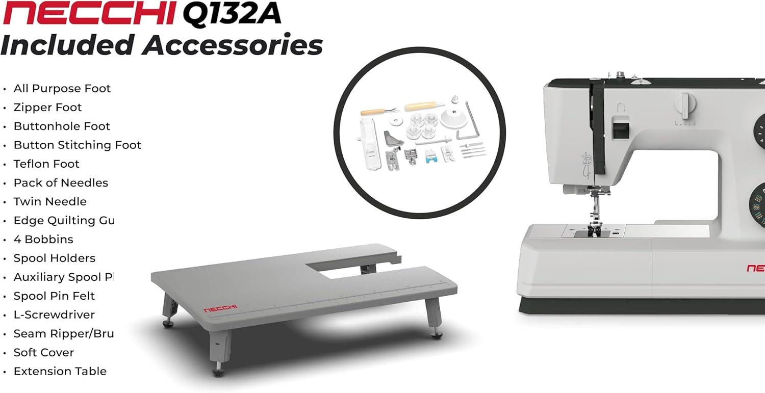 NECCHI Q132A Sewing Machine with Extension Table, Italian Designed, Stainless Steel Metal Bedplate, 32 Built-In Stitches, Accessory Kit Included.