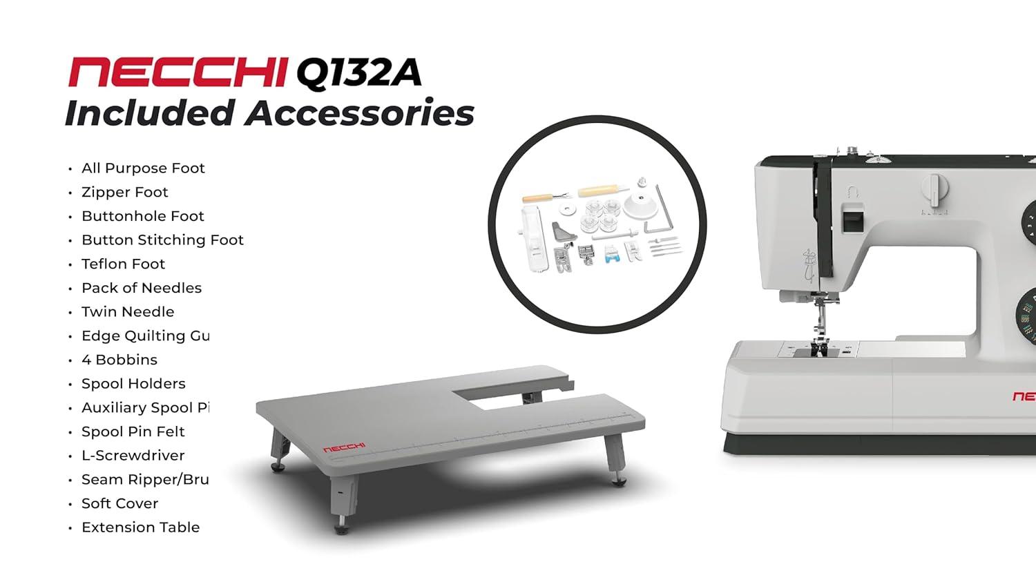NECCHI Q132A Sewing Machine with Extension Table, Italian Designed, Stainless Steel Metal Bedplate, 32 Built-In Stitches, Accessory Kit Included.