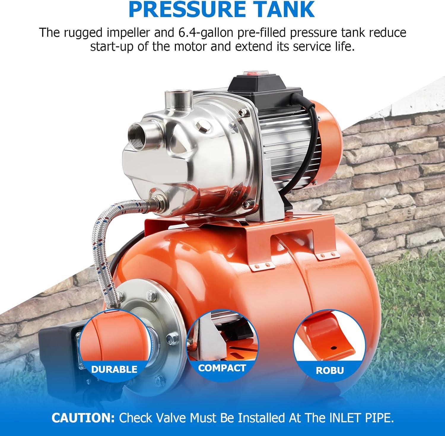 1HP Stainless Steel Shallow Well Pump with Orange Pressure Tank