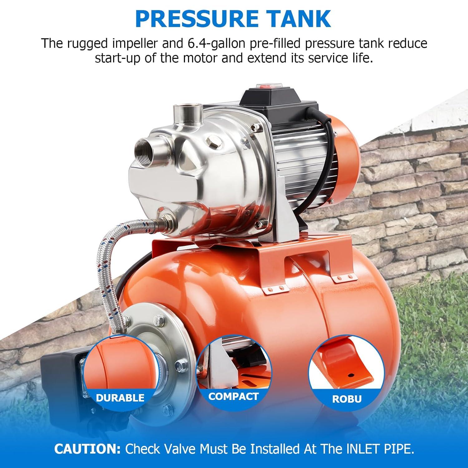 1HP Stainless Steel Shallow Well Pump with Orange Pressure Tank