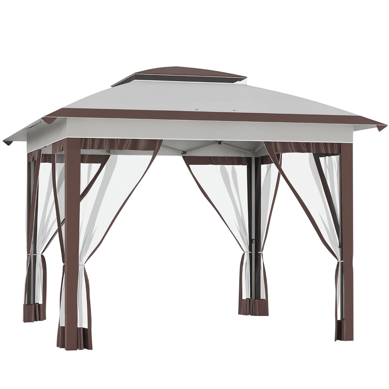 Outsunny 12' x 12' Pop Up Canopy Heavy Duty Sun Shade Instant Tent Folding with Center Lift Hook Design, 3-Level Adjustable Height, Beige