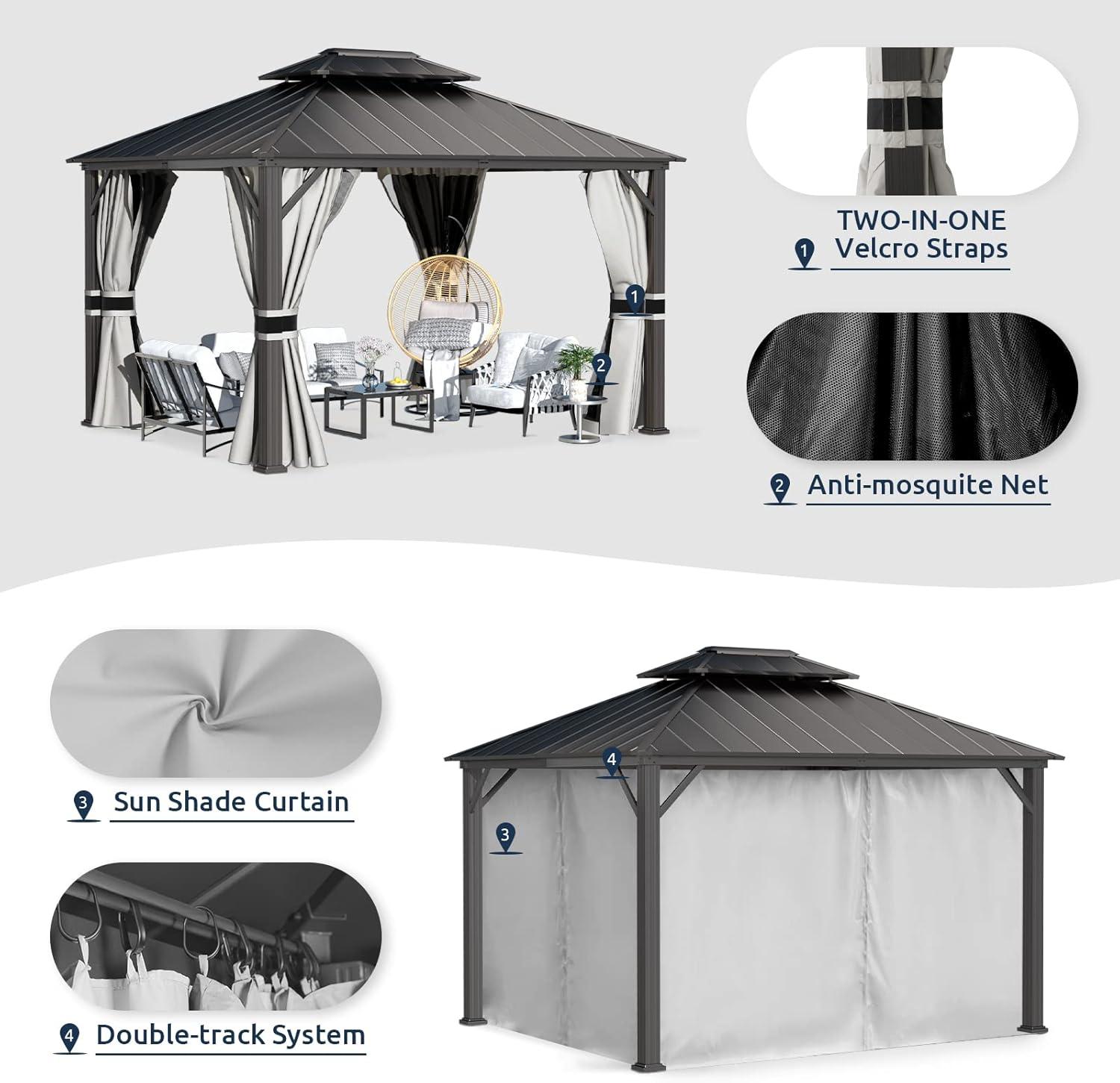 JolyDale 10' x 12' Hardtop Gazebo, Aluminum Frame Permanent Pavilion Double Galvanized Metal Roof with Curtains and Hooks for Garden, Patio, Backyard, Gray