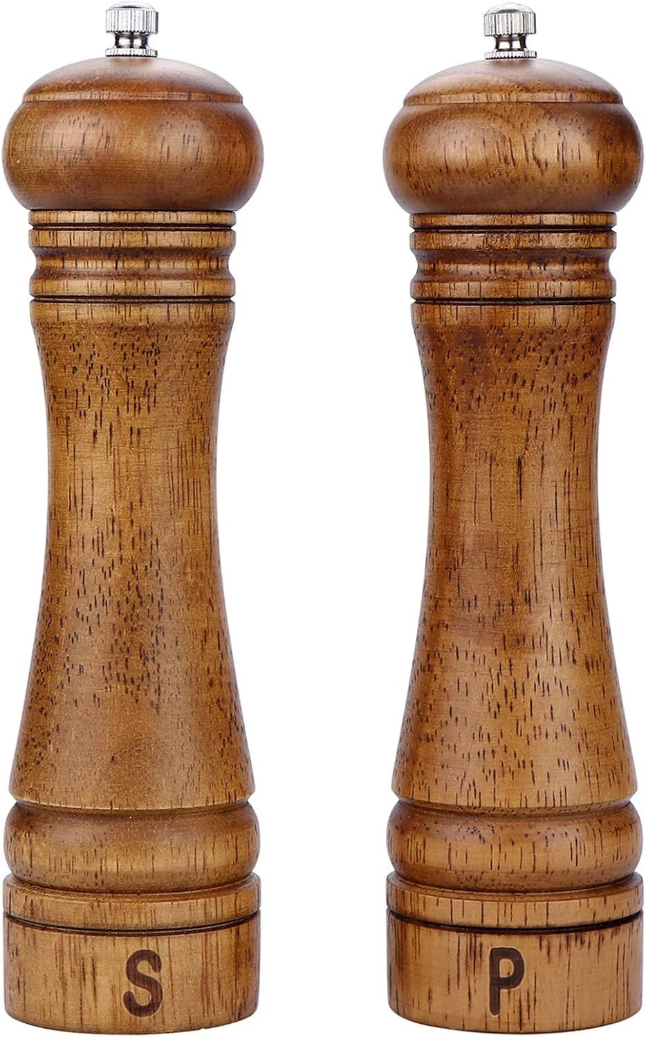 8-Inch Oak Wood Salt and Pepper Grinder Set with Ceramic Rotor