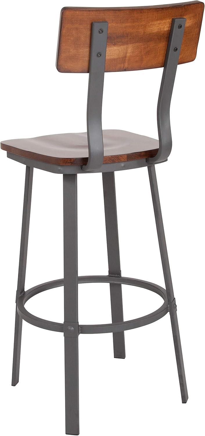 Flash Furniture Flint Series Rustic Walnut Restaurant Barstool with Wood Seat & Back and Gray Powder Coat Frame