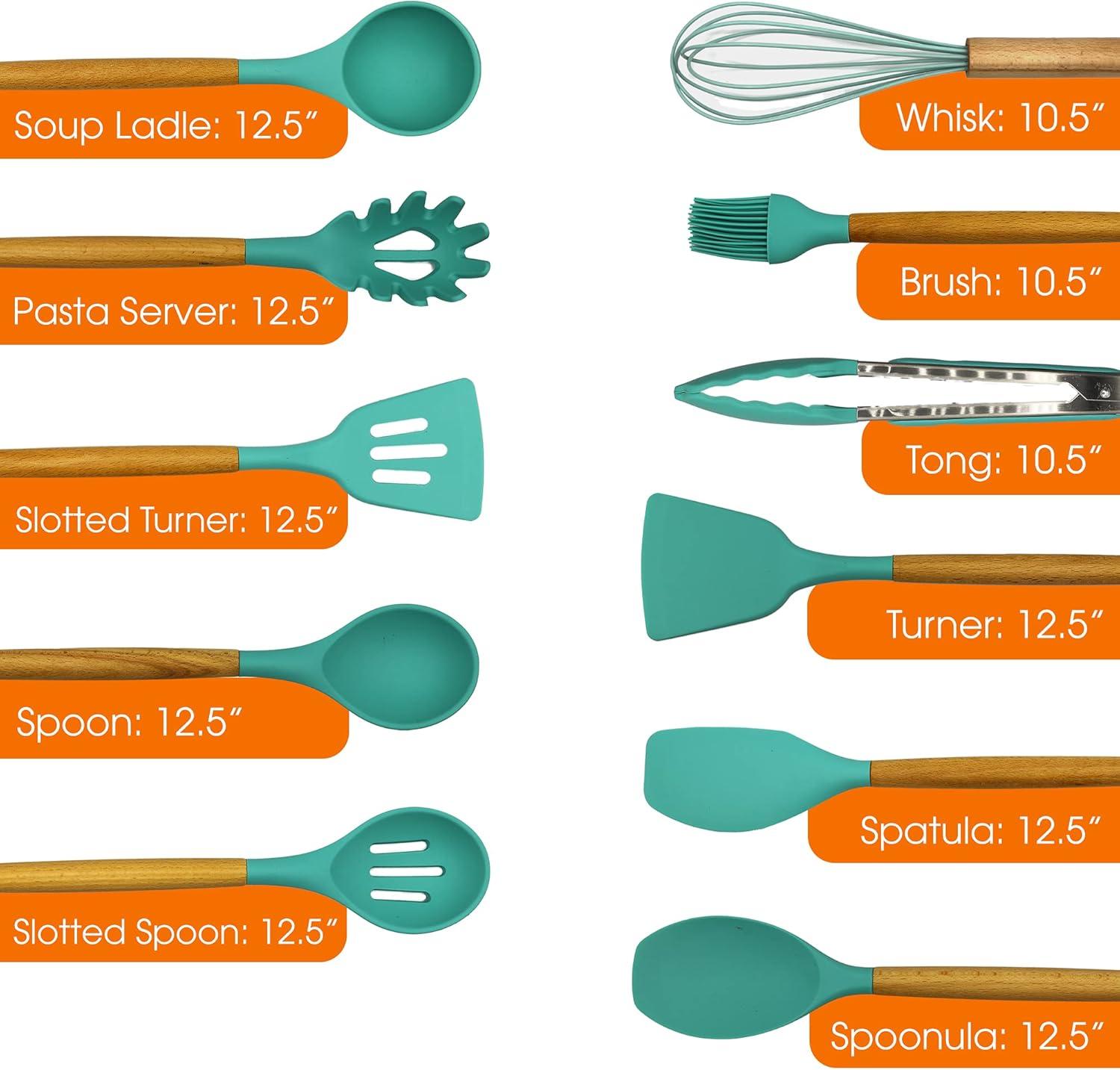 Aqua Silicone and Wood 12-Piece Cooking Utensil Set