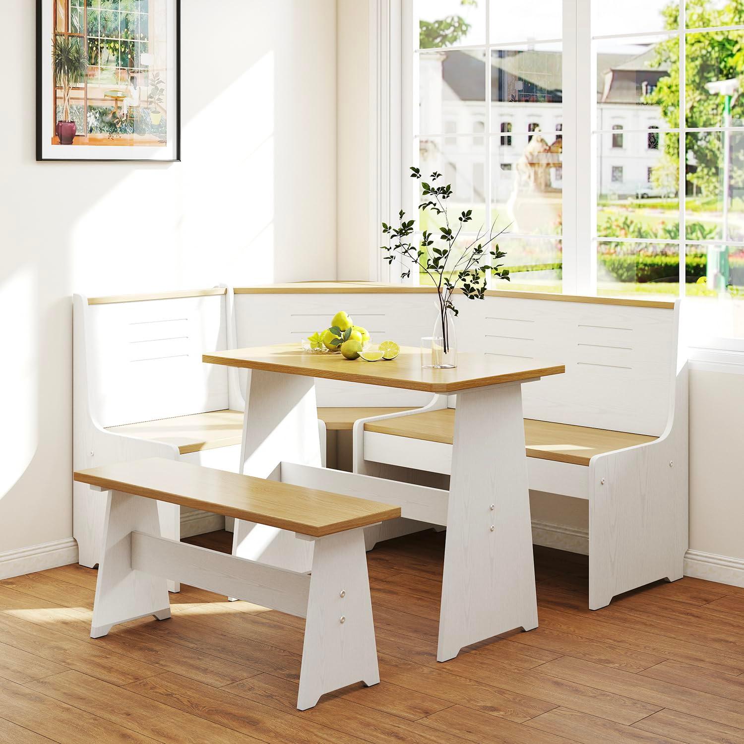 Breakfast Nook Corner Dining Table Kitchen Bench Chair Set, Space-Saving 3-5 People Seat Reversible L-Shape for Family Home White Wood