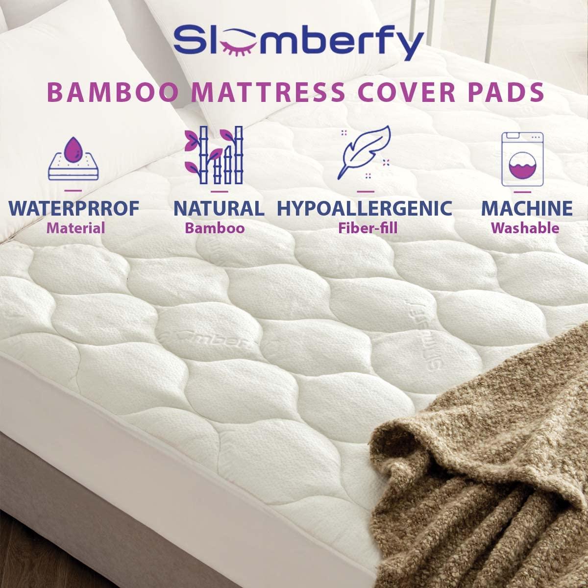 Cal King Size Waterproof Premium Mattress Pad by Slumberfy, Skin-Safe Mattress Pad with Bamboo Topper, All Natural & Breathable Fabric, Quilted, Fitted Bed Cover, Cooling Mattress Topper – 60x80 in.