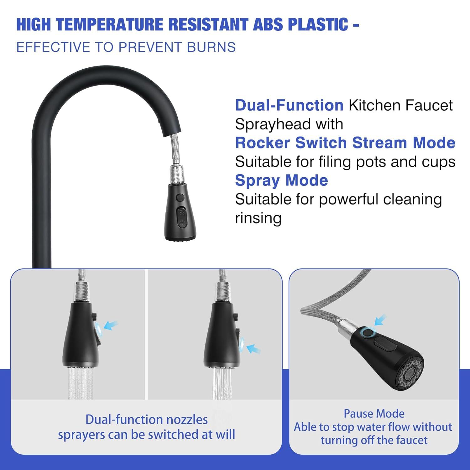 Black Kitchen Sink Faucet, Kitchen Faucet with Pull Down Sprayer, Stainless Steel Single Handle Faucet for Kitchen Sink with Deck Plate, Fitted for RV, Bar, Laundry, Apartments, Farmhouse