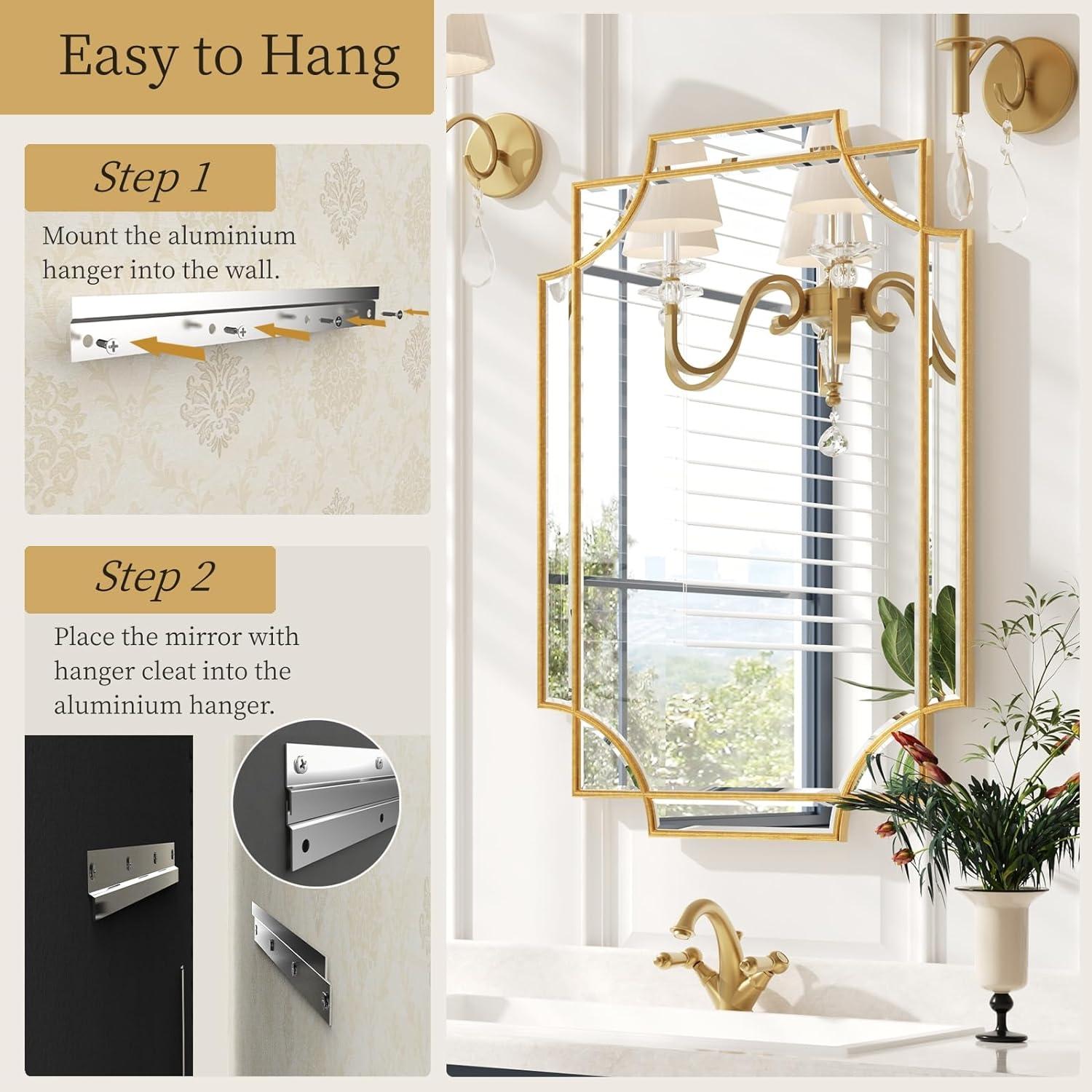 Kelly Miller Gold Bathroom Mirror for Wall, 24"x36" Large Decorative Mirror Gold Wall Mirror Vanity Mirror Beveled Wall Decor for Master Bath Half Bath Living Room Bedroom Fireplace Mantle Entryway
