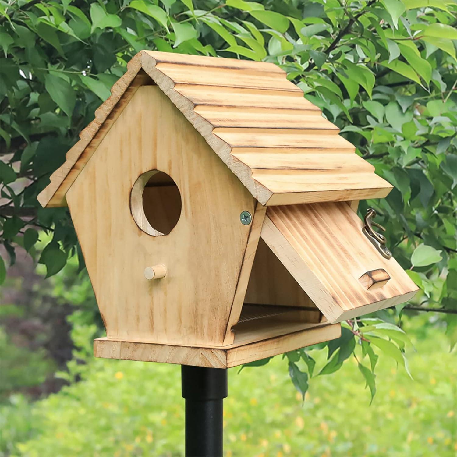 Natural Wood Hanging Birdhouse with Ventilation and Cleaning Door