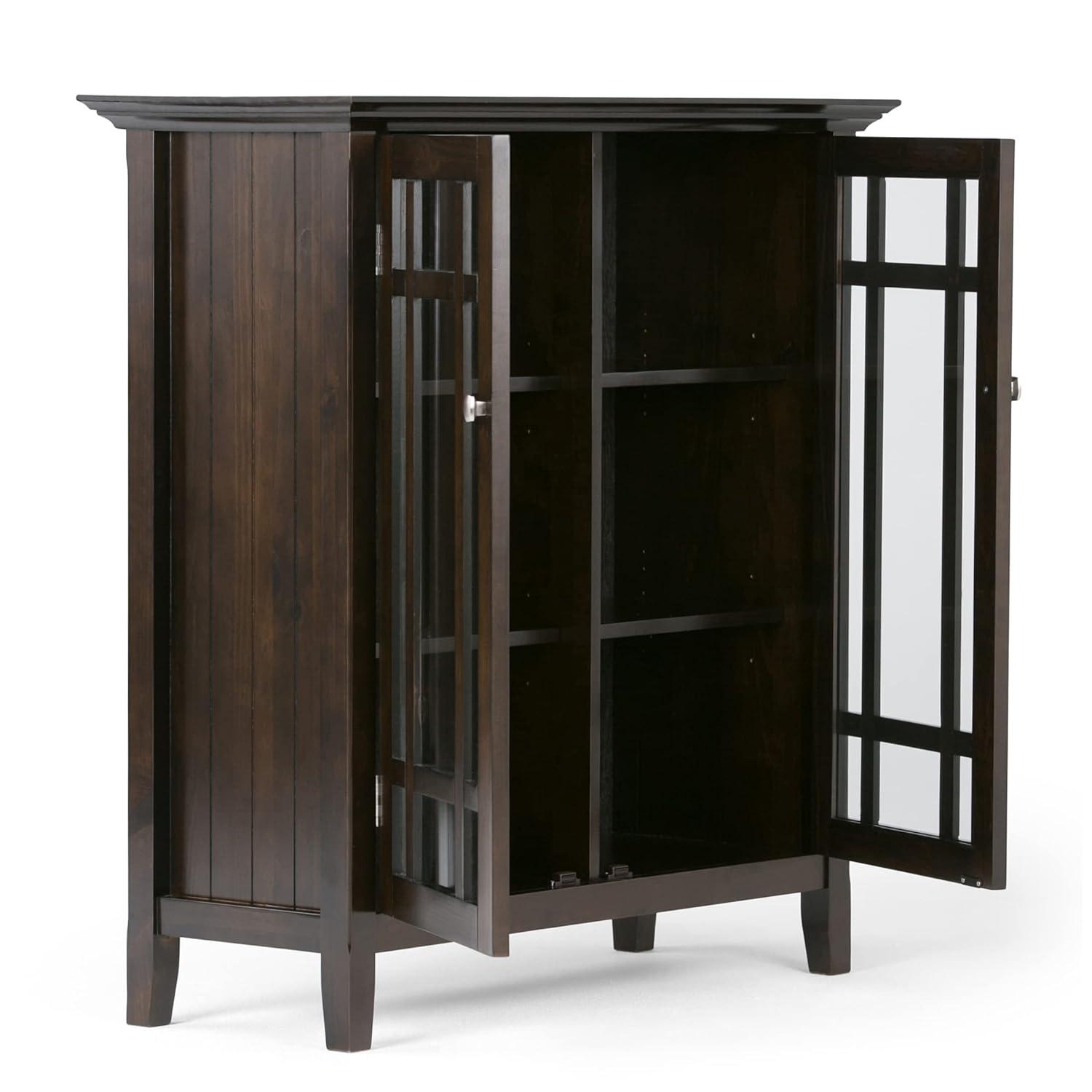 Simpli Home Bedford 39"W Solid Wood 4-Shelf Medium Storage Cabinet with Glass Doors and Adjustable Shelves