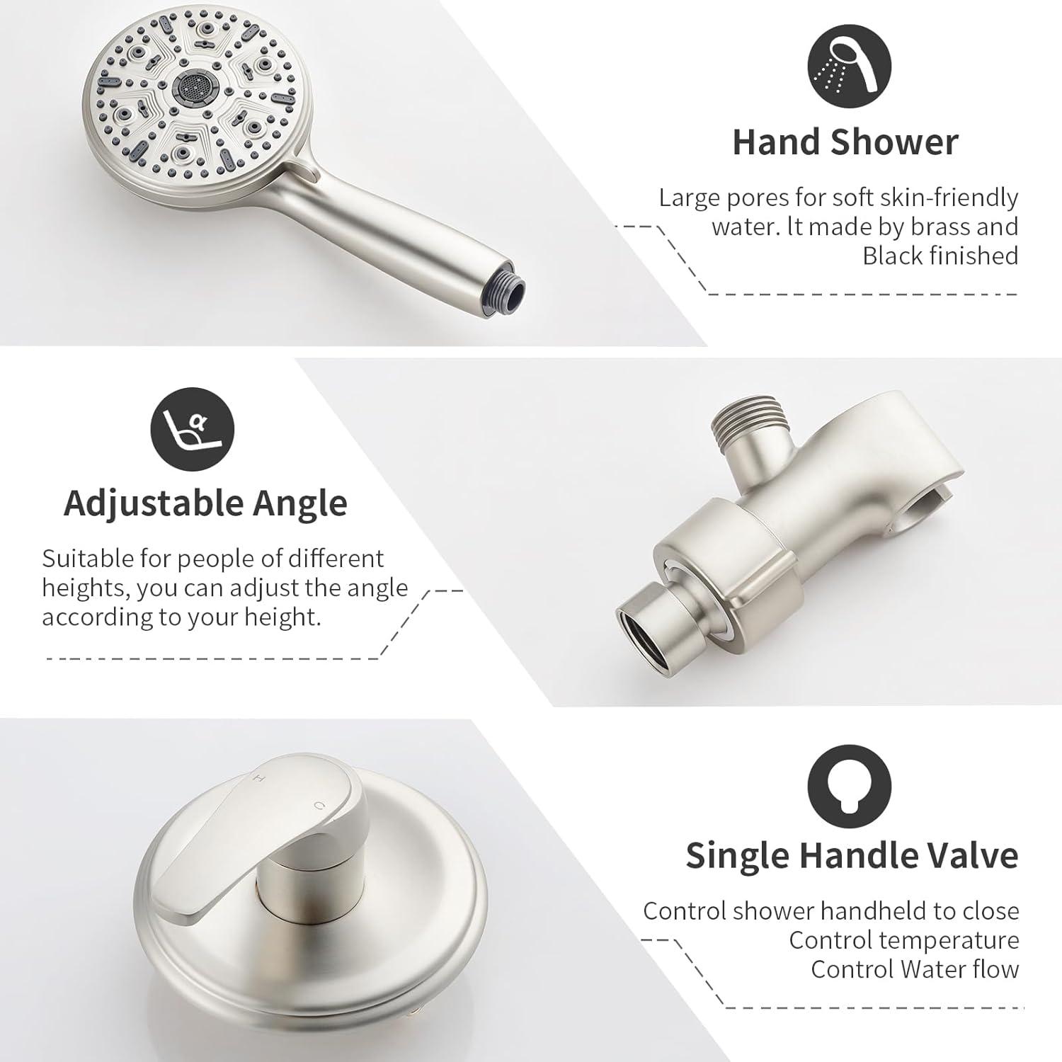 Single-Handle Shower Faucet Set Shower Kit with Valve Shower Trim Kit with 10 Spray Handheld Shower Head System Shower Valve and Trim Kit Brushed Nickel Shower Fixtures