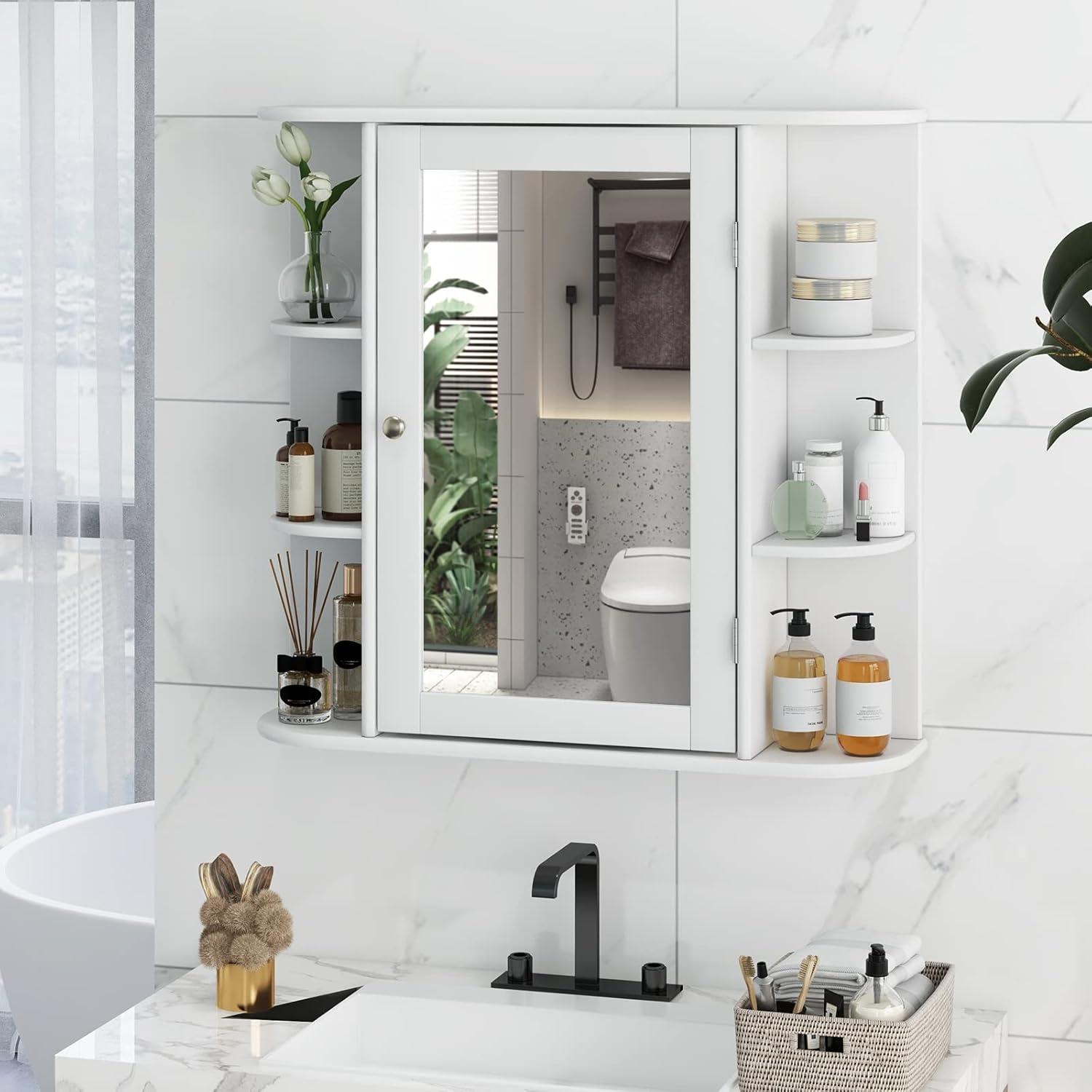 White MDF Wall Mounted Bathroom Cabinet with Mirror and Shelves