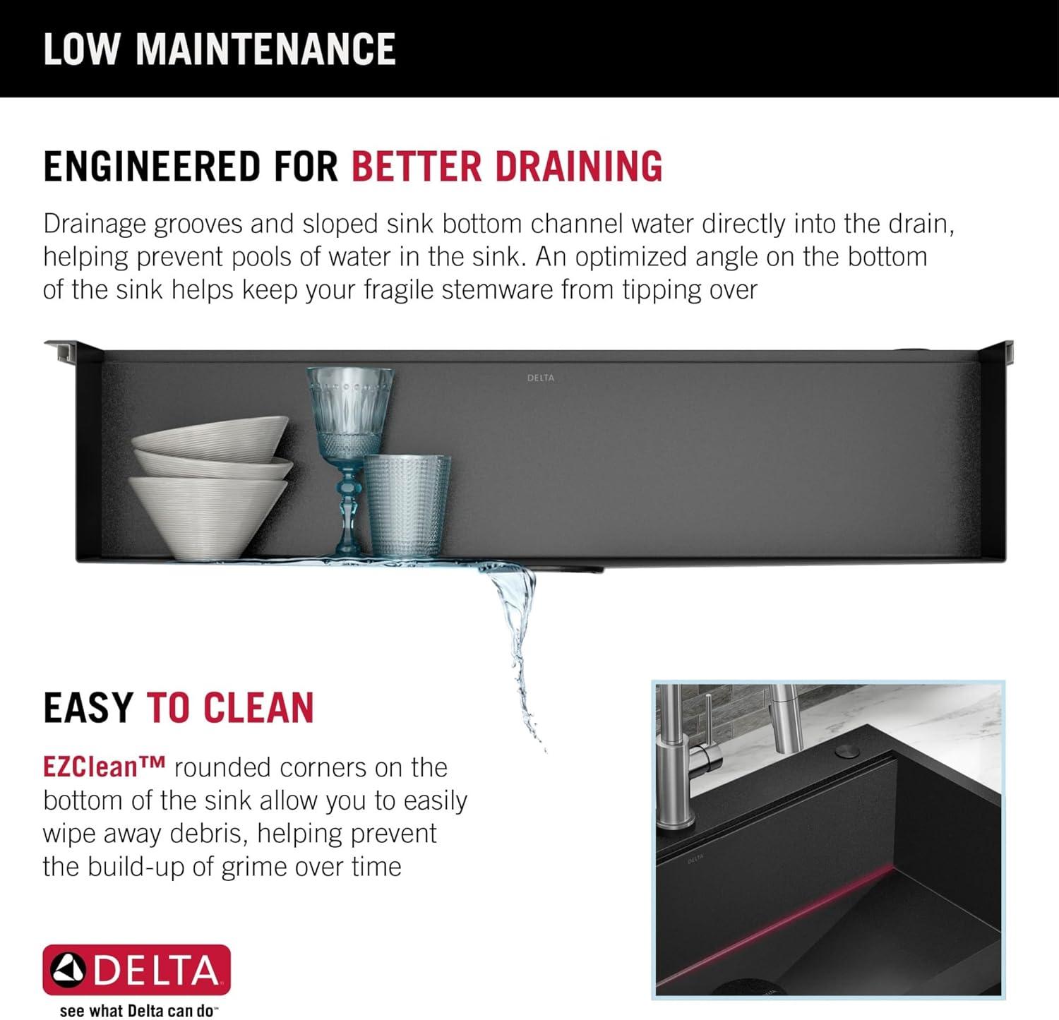 Delta Rivet™ Black Stainless Steel Retrofit Farmhouse Apron Front 16 Gauge Workstation Kitchen Sink Single Bowl