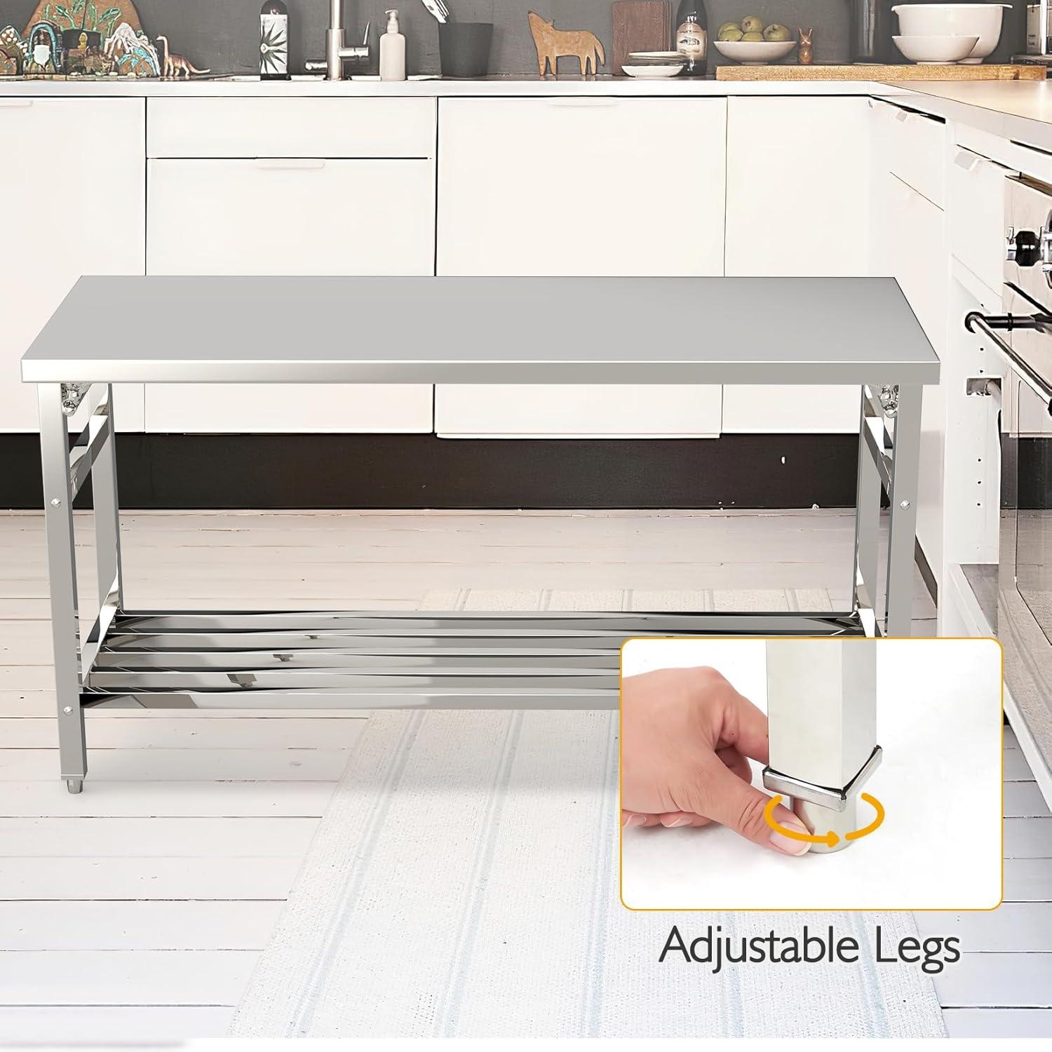 60 x 24 Inch Stainless Steel Folding Heavy Duty Table with Adjustable Undershelf for Restaurant Home and Hotel