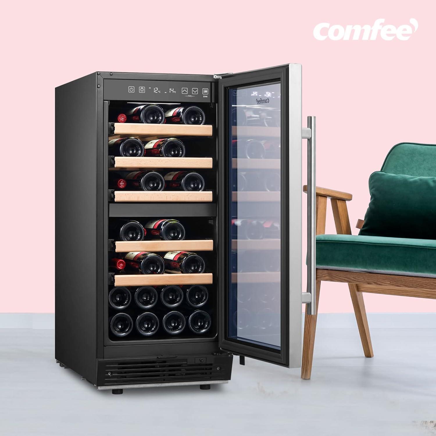 Comfee 28-Bottle Dual Zone Free Standing Beverage and Wine Cooler, Stainless Steel