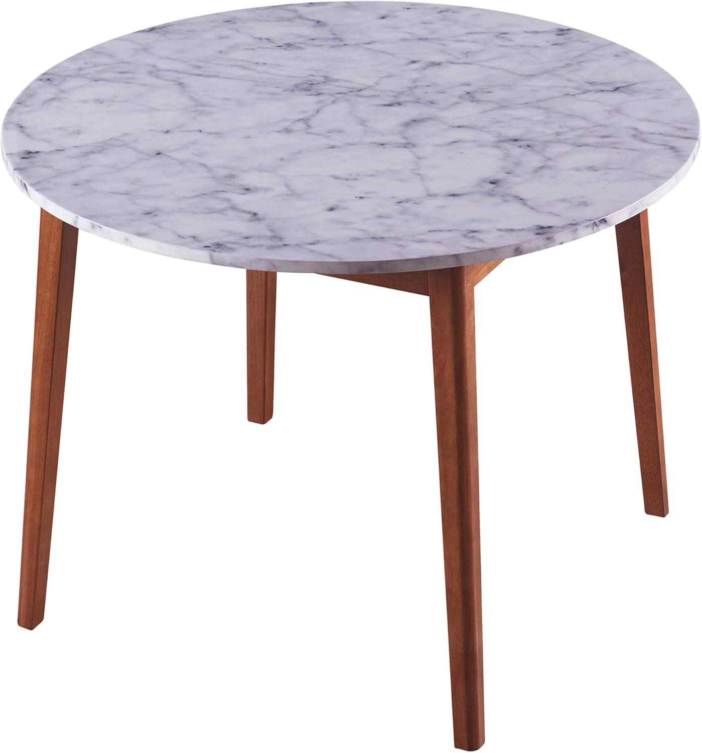 Ashton 40" Round White Faux Marble Dining Table with Walnut Base