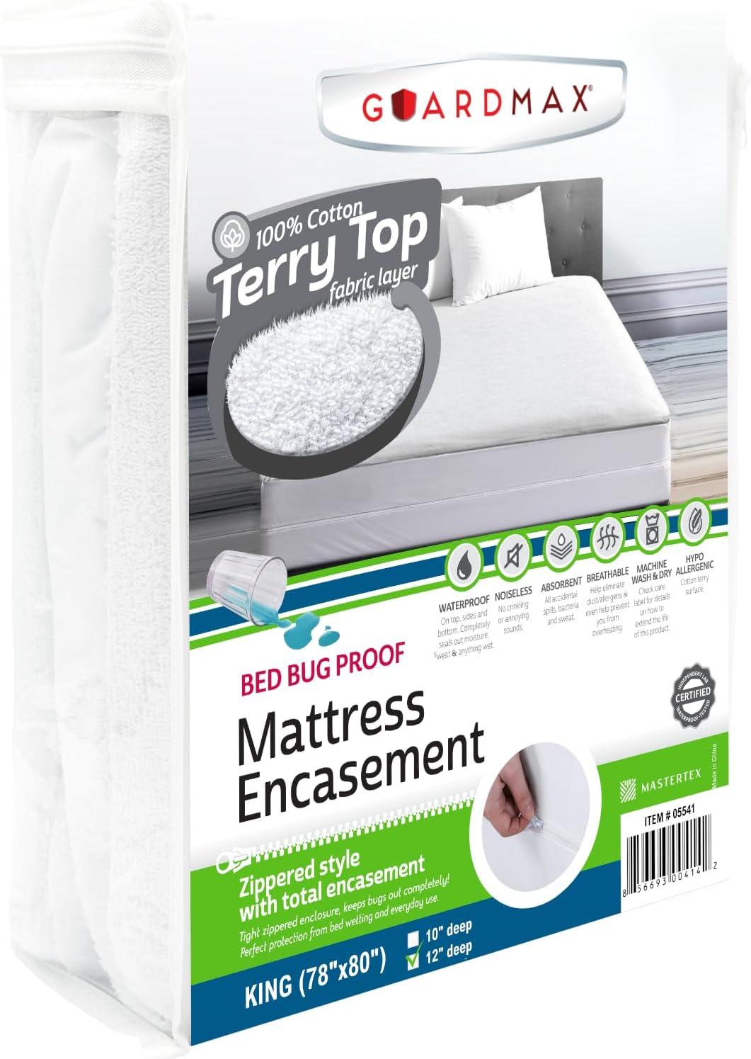 King Mattress Protector by Guardmax: Terry Cotton, Waterproof, Bed Bug Proof, Soft & Comfortable Cover with 12 Inch Deep Pockets