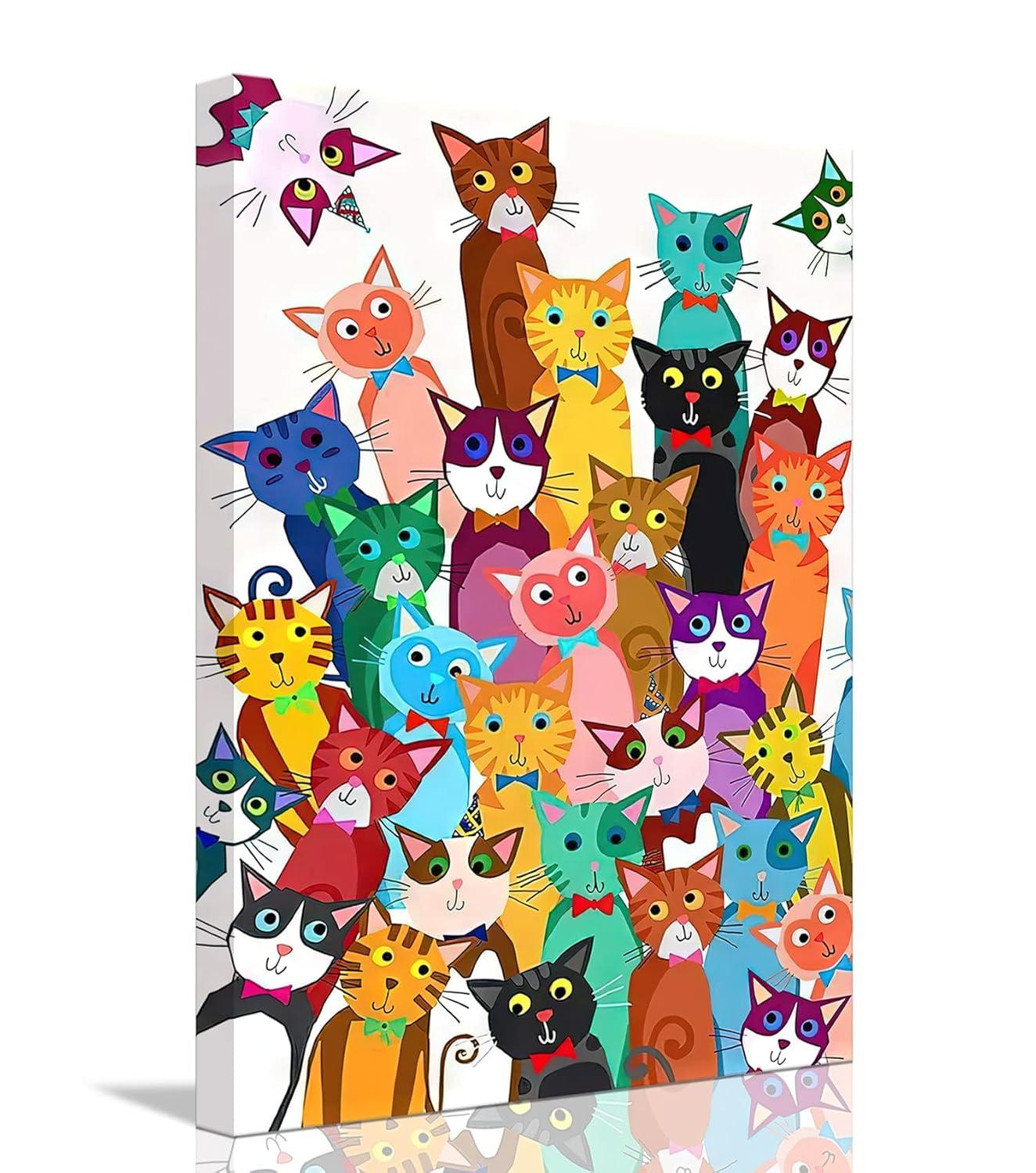 Framed Funny Colorful Cat Wall Art Cartoon Cat Canvas Print Cute Kitten Picture Poster Animals Painting Wall Decor for Bathroom Kid's Bedroom Nursery 12x16Inches