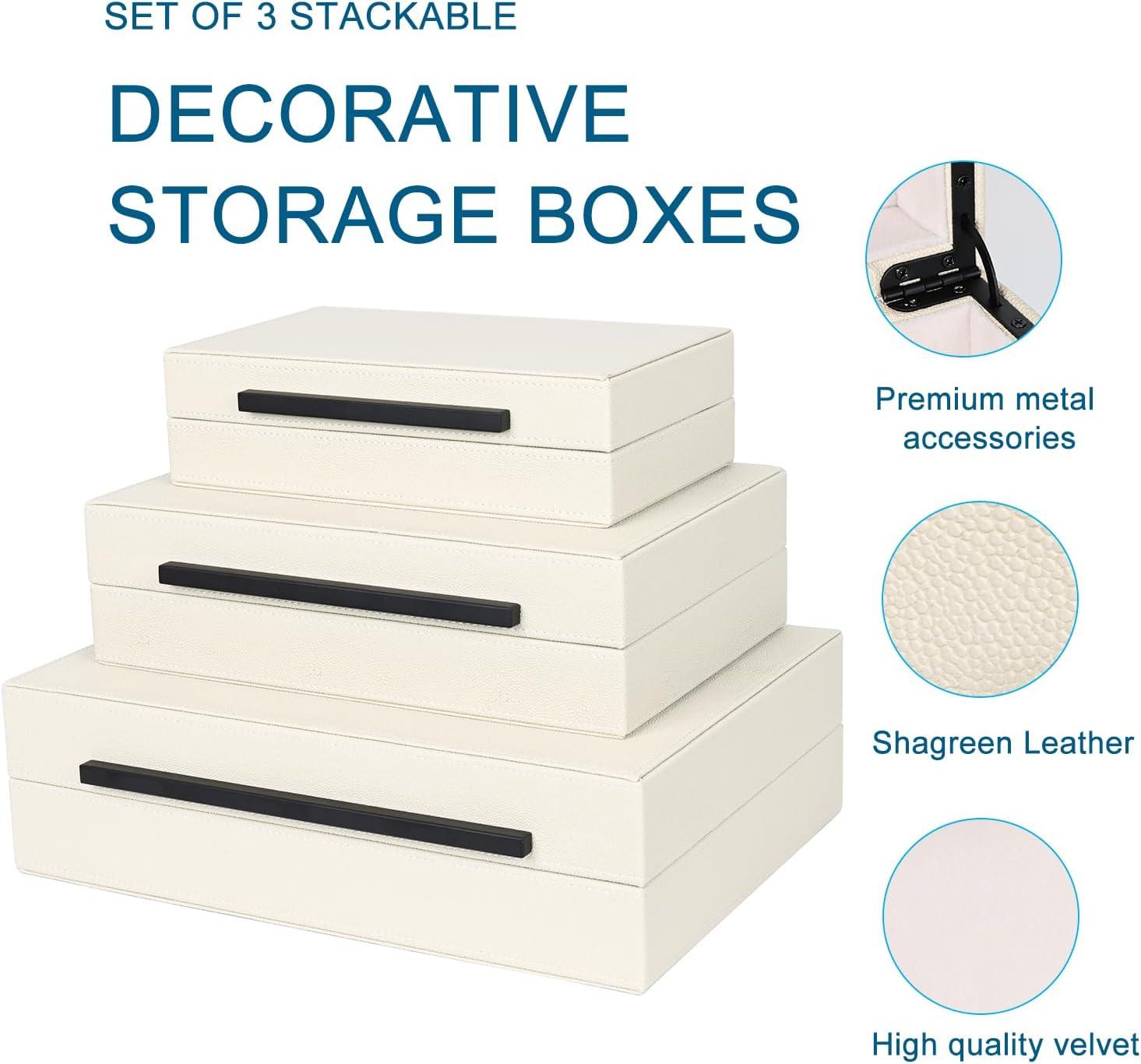 Faux  Leather Decorative Jewelry Storage Nesting Organizer Boxes with Lids Gold Handle Set of 3, Black