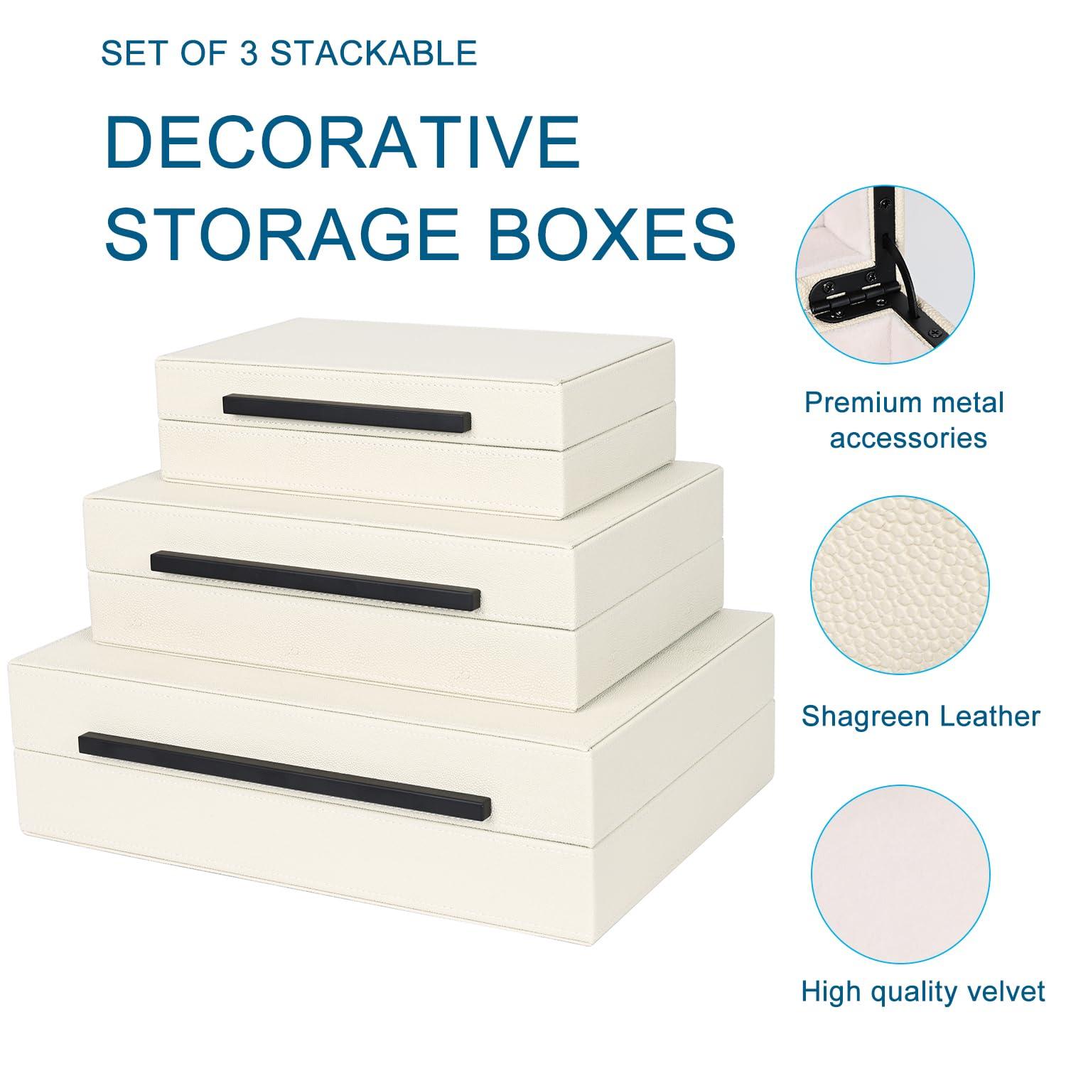 Faux  Leather Decorative Jewelry Storage Nesting Organizer Boxes with Lids Gold Handle Set of 3, Black