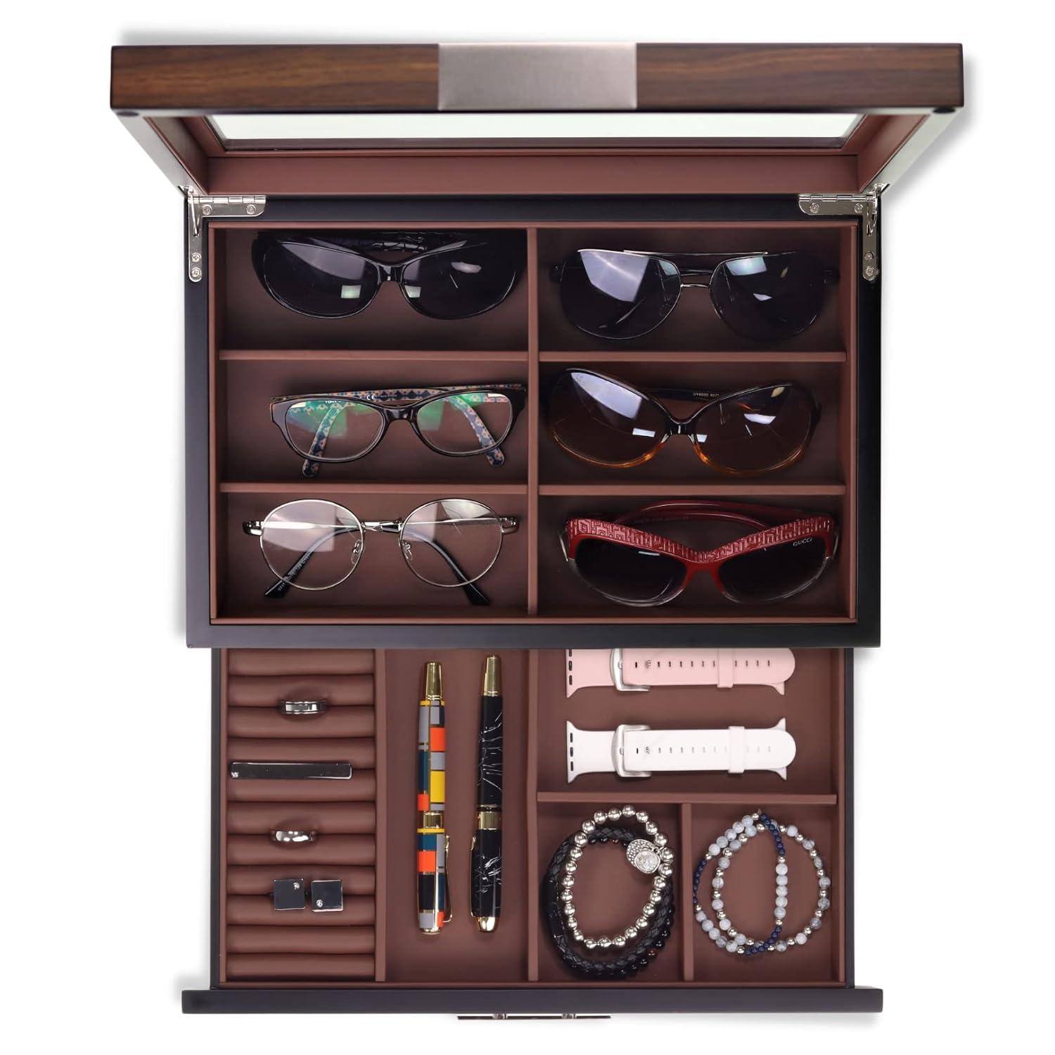 Multi-Purpose Drawer, Sunglasses and Jewelry Box Wooden Storage Organizer with Saddle Brown Leather (Coffee Lover)