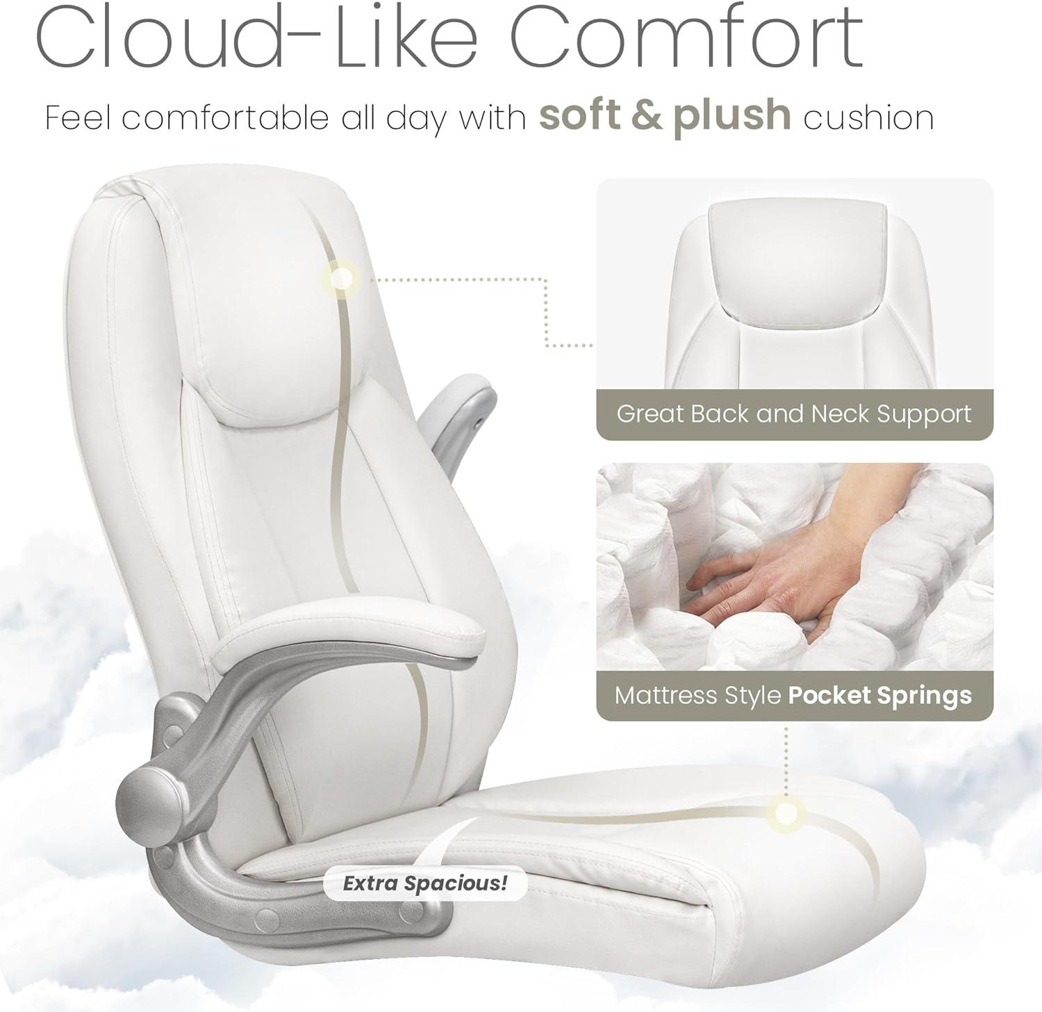 NEO CHAIR executive office chair cushioned ergonomic back support flip-up armrest, White