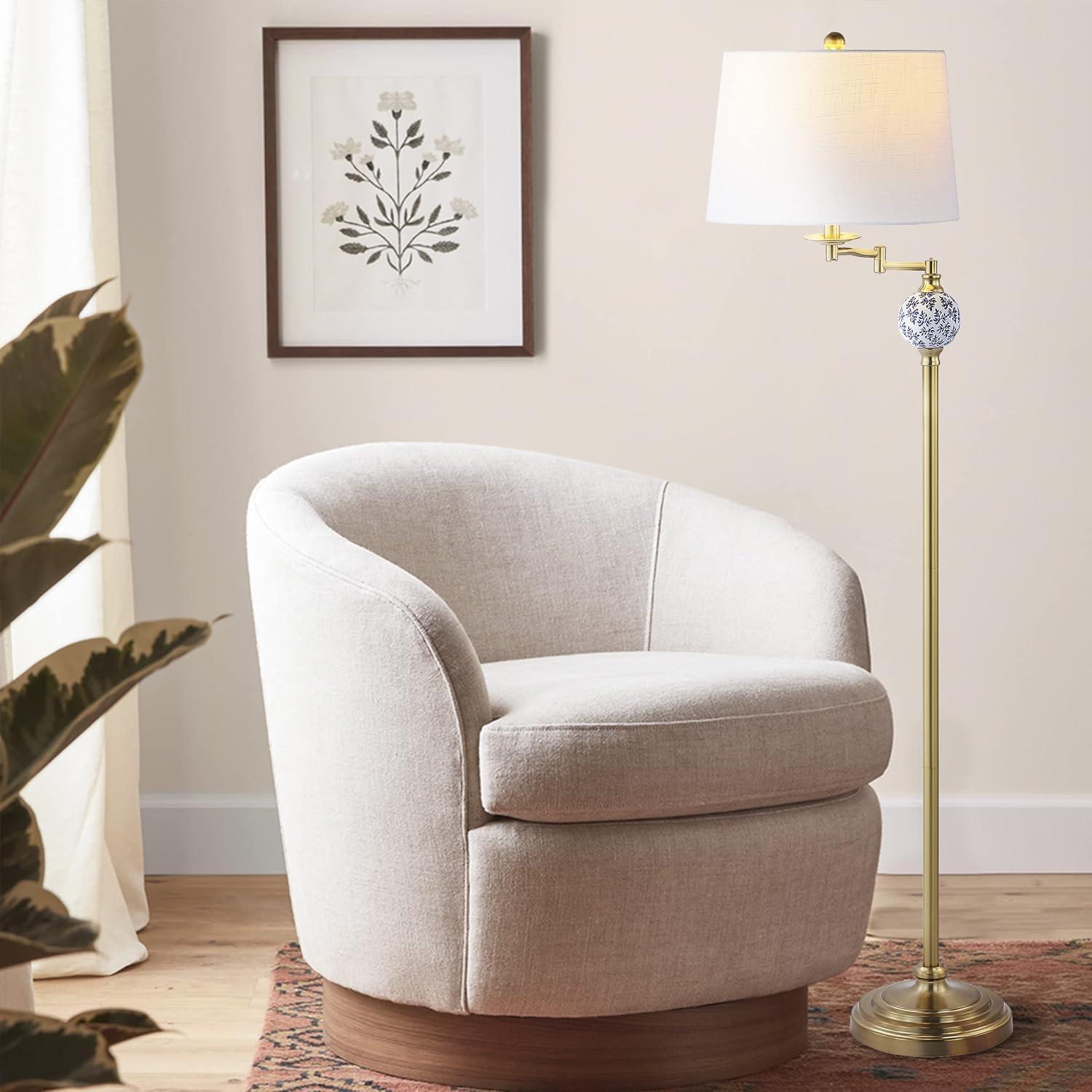 Aveiro Adjustable Arc 61.5" Gold Metal Floor Lamp with White Linen Shade