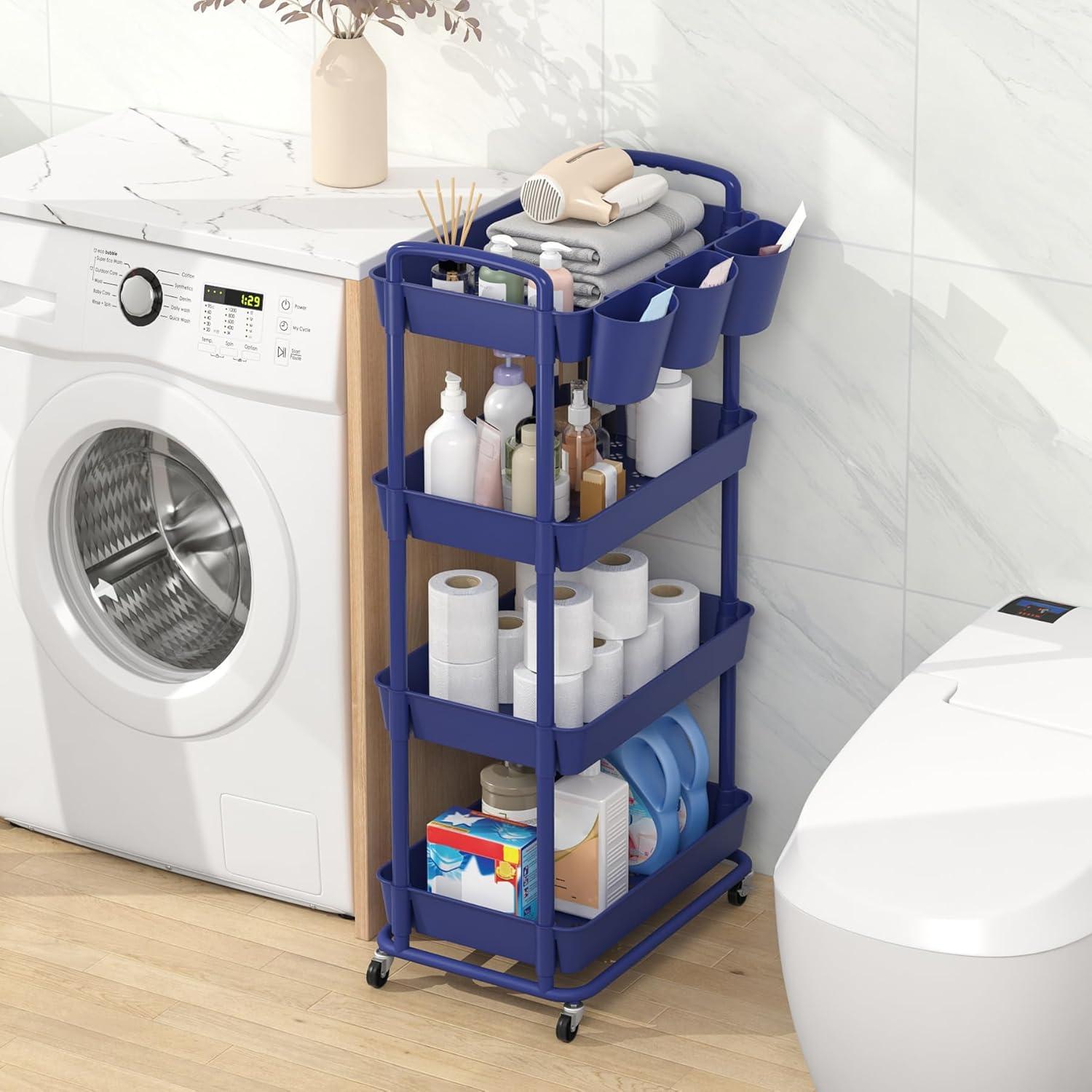 White 4-Tier Plastic Rolling Storage Cart with Lockable Wheels