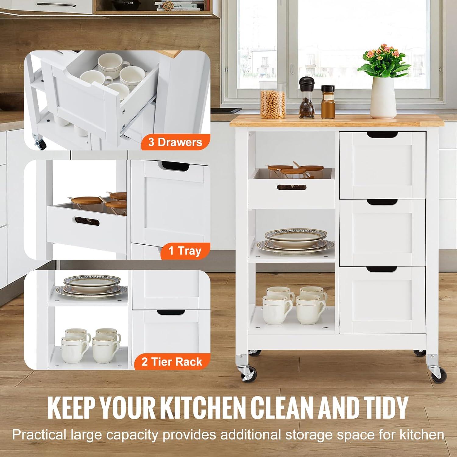 White Wood Kitchen Cart with Spice Rack and Storage