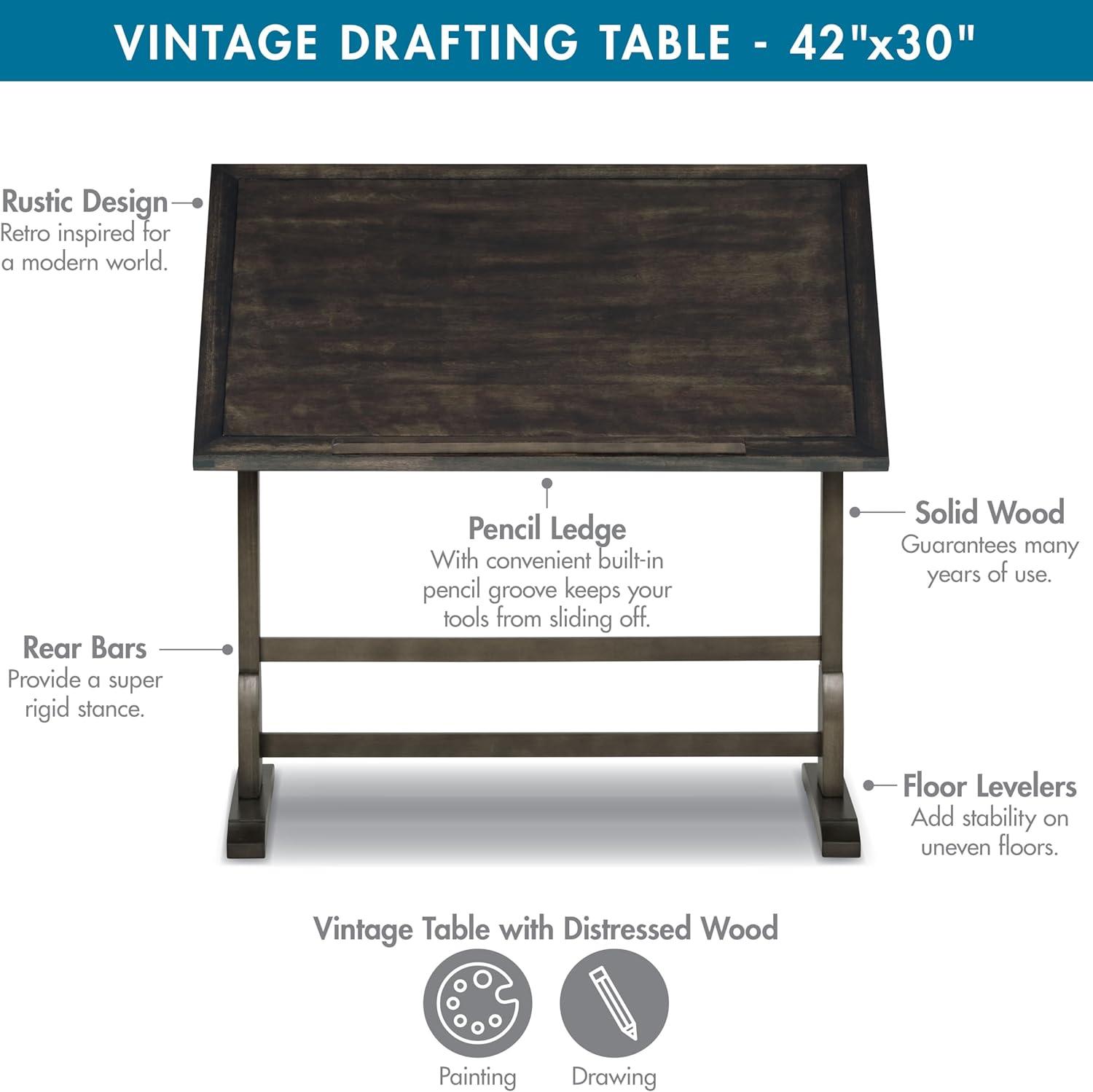 Vintage Solid Wood Drawing/Drafting Table with 42" x 30" Adjustable Tilting Top