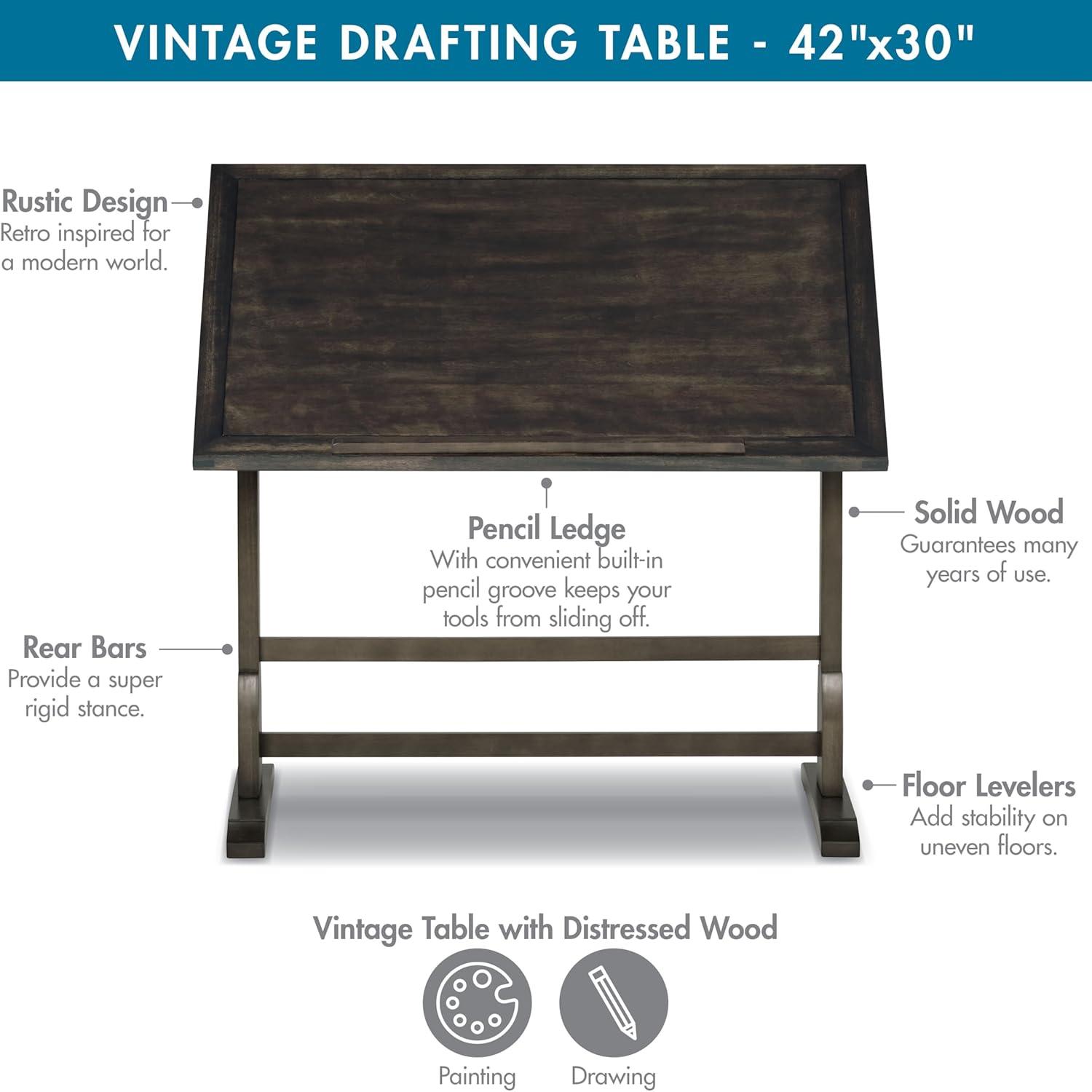 Vintage Solid Wood Drawing/Drafting Table with 42" x 30" Adjustable Tilting Top