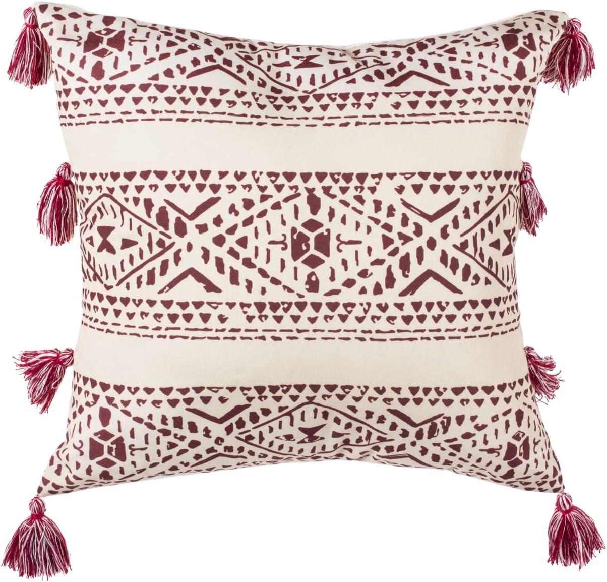 Landria 16" Beige and Red Geometric Throw Pillow with Tassels