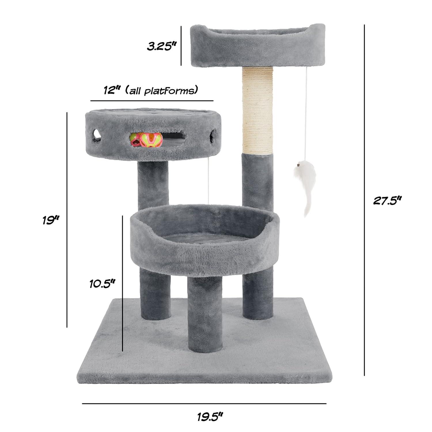 3-Tier Cat Tower with Sisal Rope Scratching Post, 2 Carpeted Napping Perches, Hanging Mouse, and Interactive Toy for Indoor Cat Use by PETMAKER (Gray)