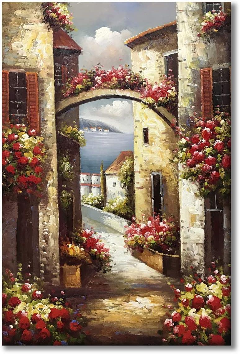 Paimuni 100% Hand Painted Canvas Wall Art Italy Town Mediterranean Tuscany Sea Coast Flowers Oil Painting Stretched and Framed Ready to Hang Landscape Scenery Wall Decor 24x36 Inch