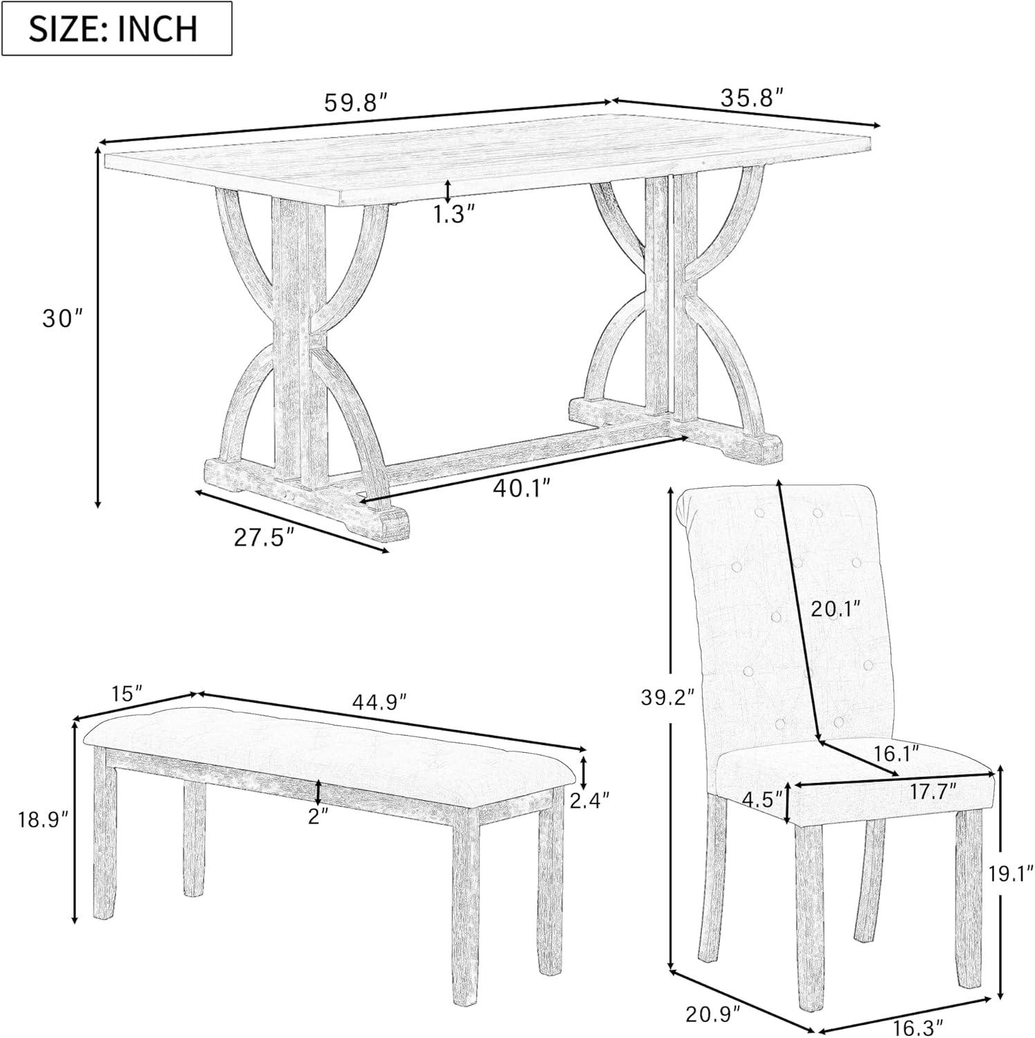 Gray Wash 6-Piece Retro Dining Set with Upholstered Chairs and Bench