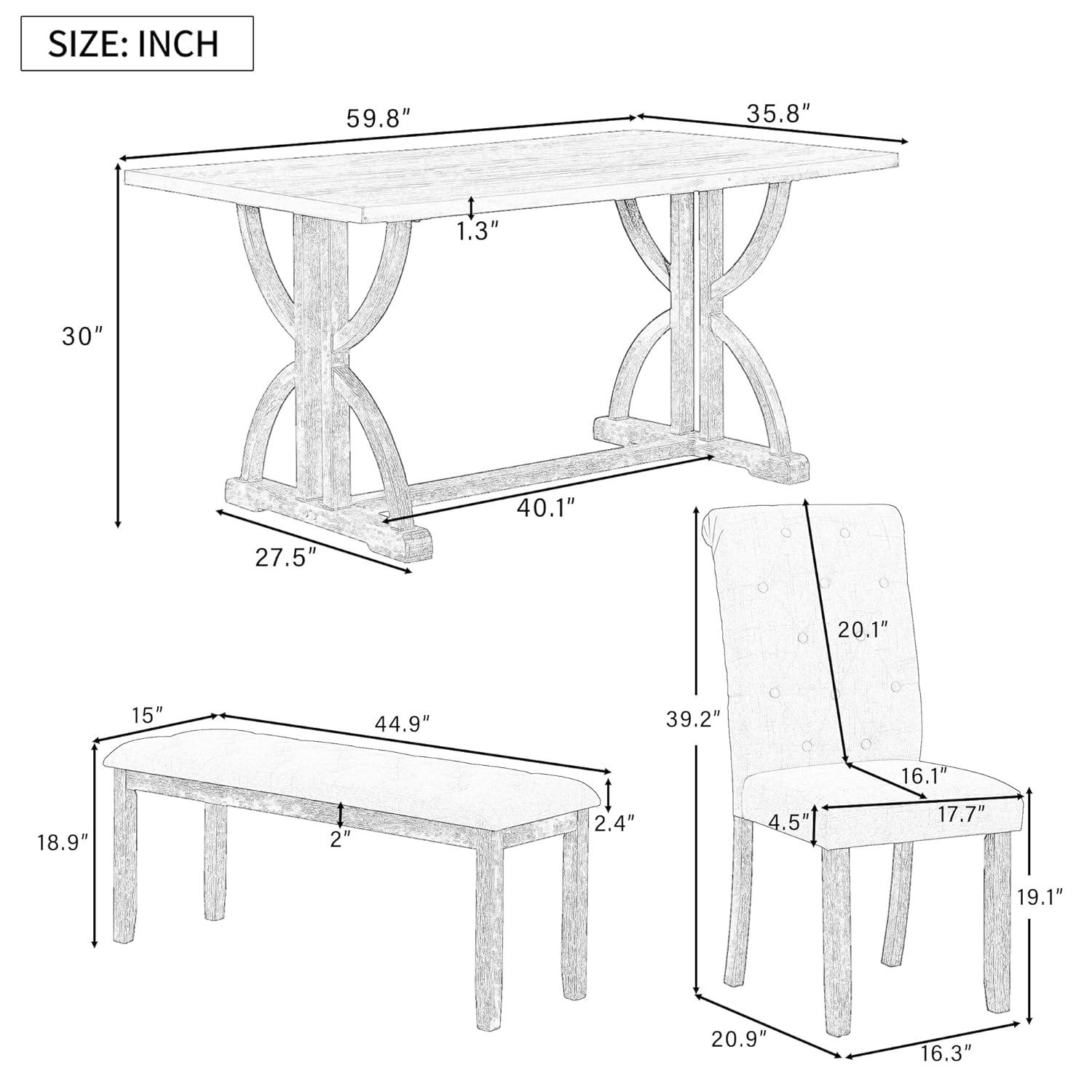 6-Piece Retro Dining Table Set, Rubber Wood Rectangular Table with Unique Legs and 4 Upholstered Chairs & 1 Bench for Dining Room and Kitchen (Gray Wash)
