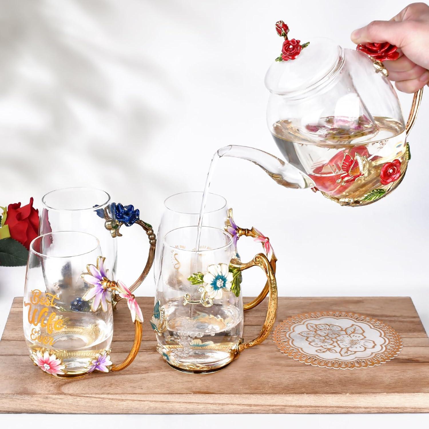 House of Hampton® Enamel Glass Flower Tea Pot With Removable Loose Tea Leaf Infuser Tea Maker Teapot Set 30.4OZ Gifts For Women,Mom,Birthday