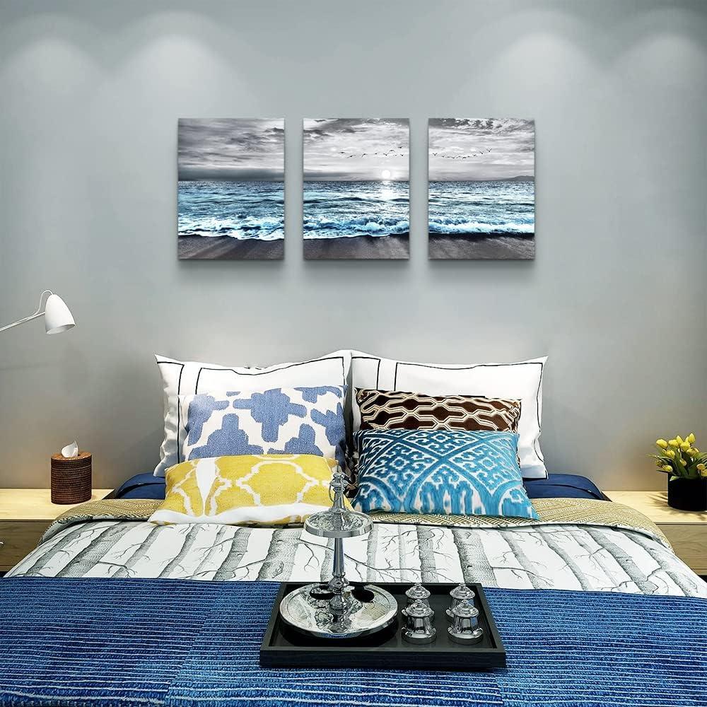 Wall Decorations For Living Room 3 Piece Framed Canvas Wall Art For Bedroom Office Wall Decor Black And White Wall Painting Blue Ocean Sea Wave Pictures Artwork For Modern Beach Posters Home Decor