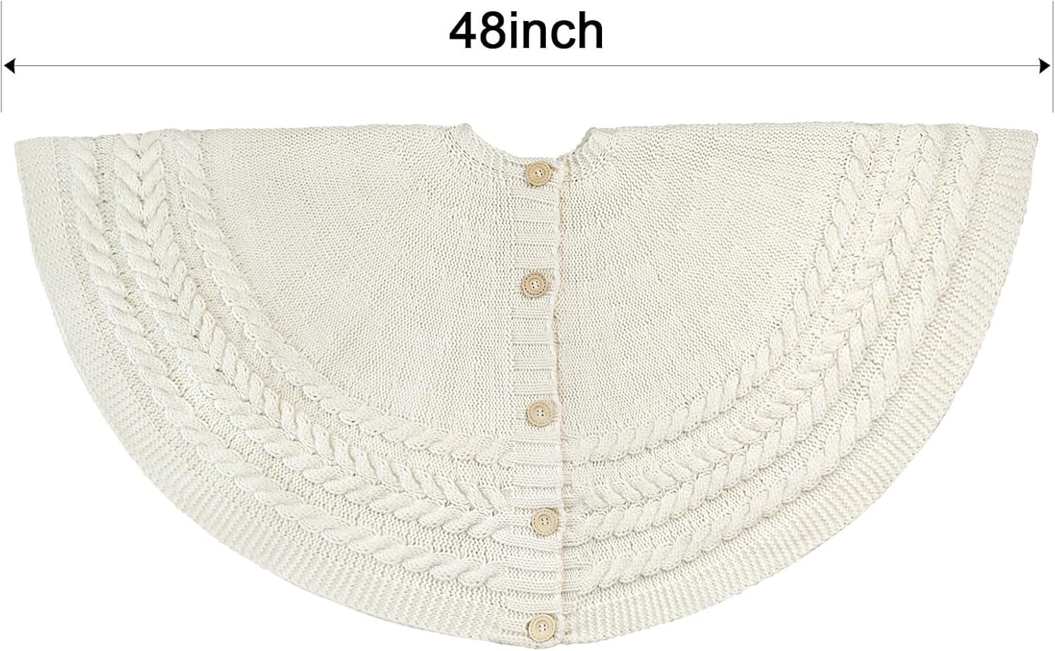 Knitted Christmas Tree Skirt: 48 Inches Cream White Tree Skirt, Diamond Edge Cable Knit Thick Rustic Christmas Tree Decorations, Holiday Christmas Decor Xmas Home Party Decorations