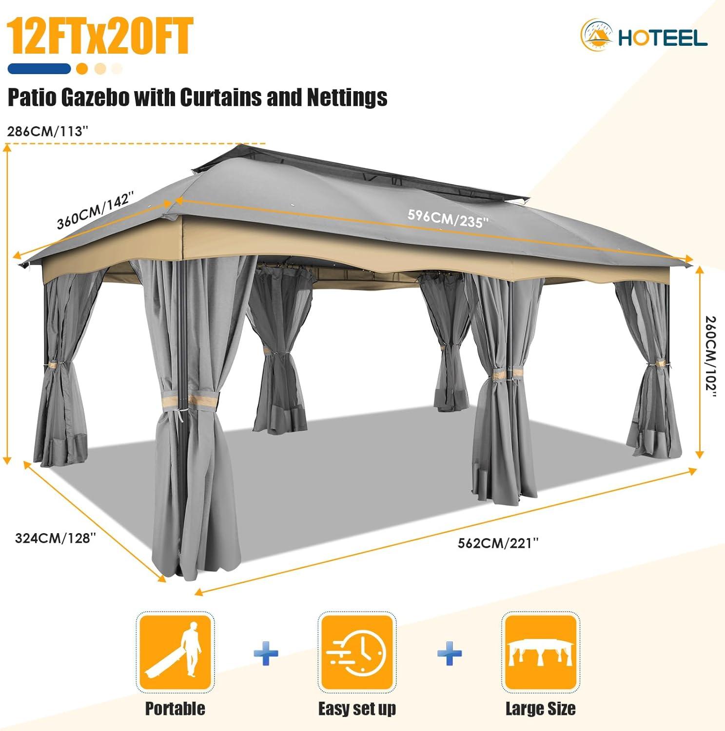 COBIZI 12X20 Heavy Duty Gazebo Outdoor Gazebo with Mosquito Netting and Curtains, Canopy Tent Deck Gazebo with Double-Arc Roof Ventiation and Metal Steel Frame Suitable for Lawn, Backyard, Patio,Gray