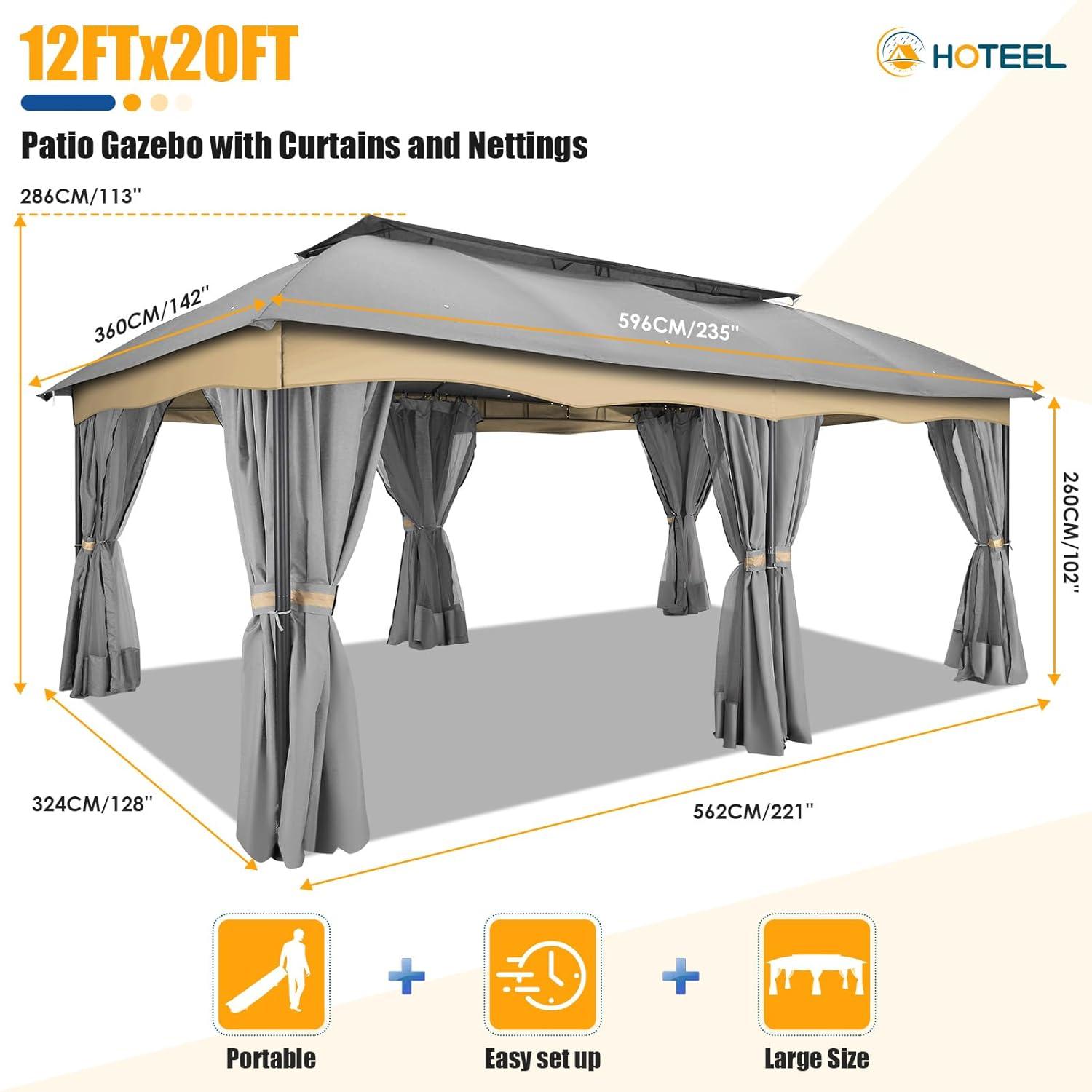 COBIZI 12X20 Heavy Duty Gazebo Outdoor Gazebo with Mosquito Netting and Curtains, Canopy Tent Deck Gazebo with Double-Arc Roof Ventiation and Metal Steel Frame Suitable for Lawn, Backyard, Patio,Gray