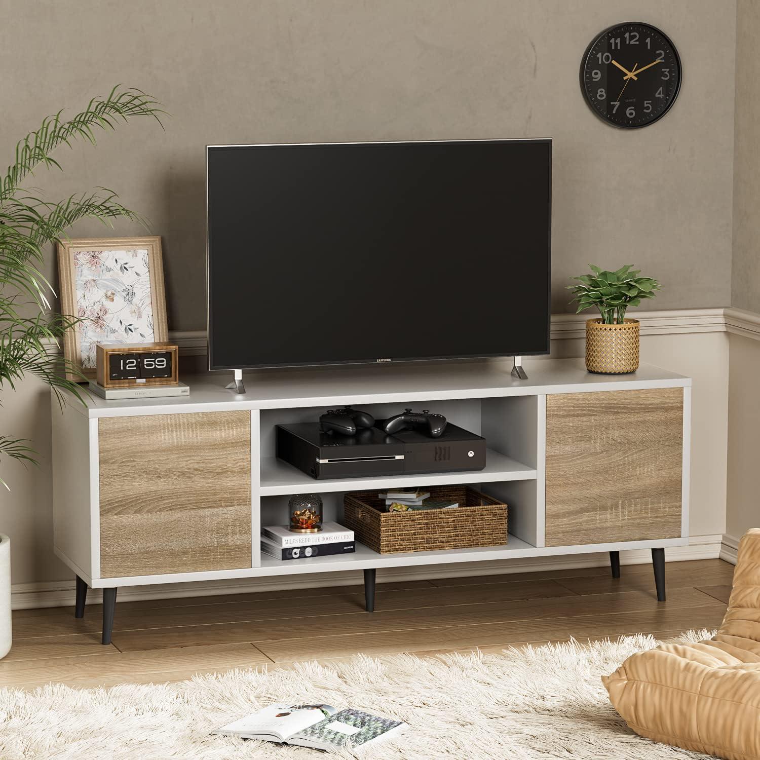 TV Stand, 58 Inch Entertainment Center with 2 Doors and 2 Storage Cabinets for TV up to 65 inch, TV Console Table for Living Room, Bedroom, Office (White and Oak)