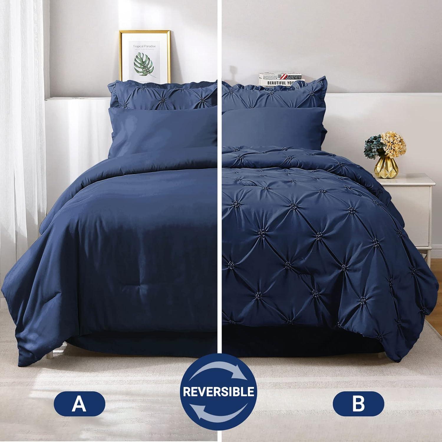 Virtu Queen Comforter Set, 7pc Bed in a Bag, Pleated Bedding Comforter Sets with Sheets, Navy